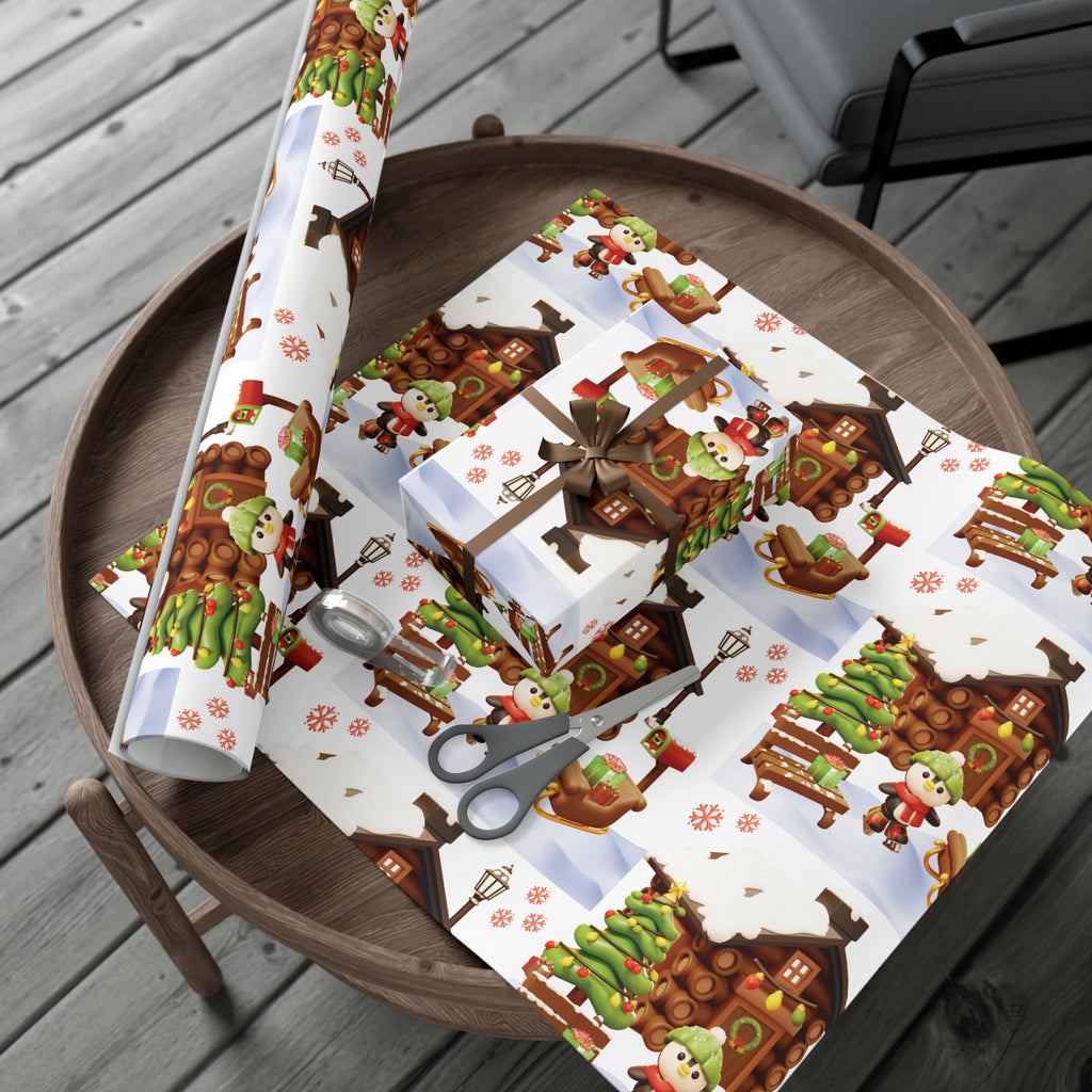 3D Illusion Penguin Wrapping Paper Cute Winter Penguin & Snow Cabin Scene, Festive Christmas Gift Wrap, Holiday Present Paper in 3 SizesPerfect for Seasonal Gifting