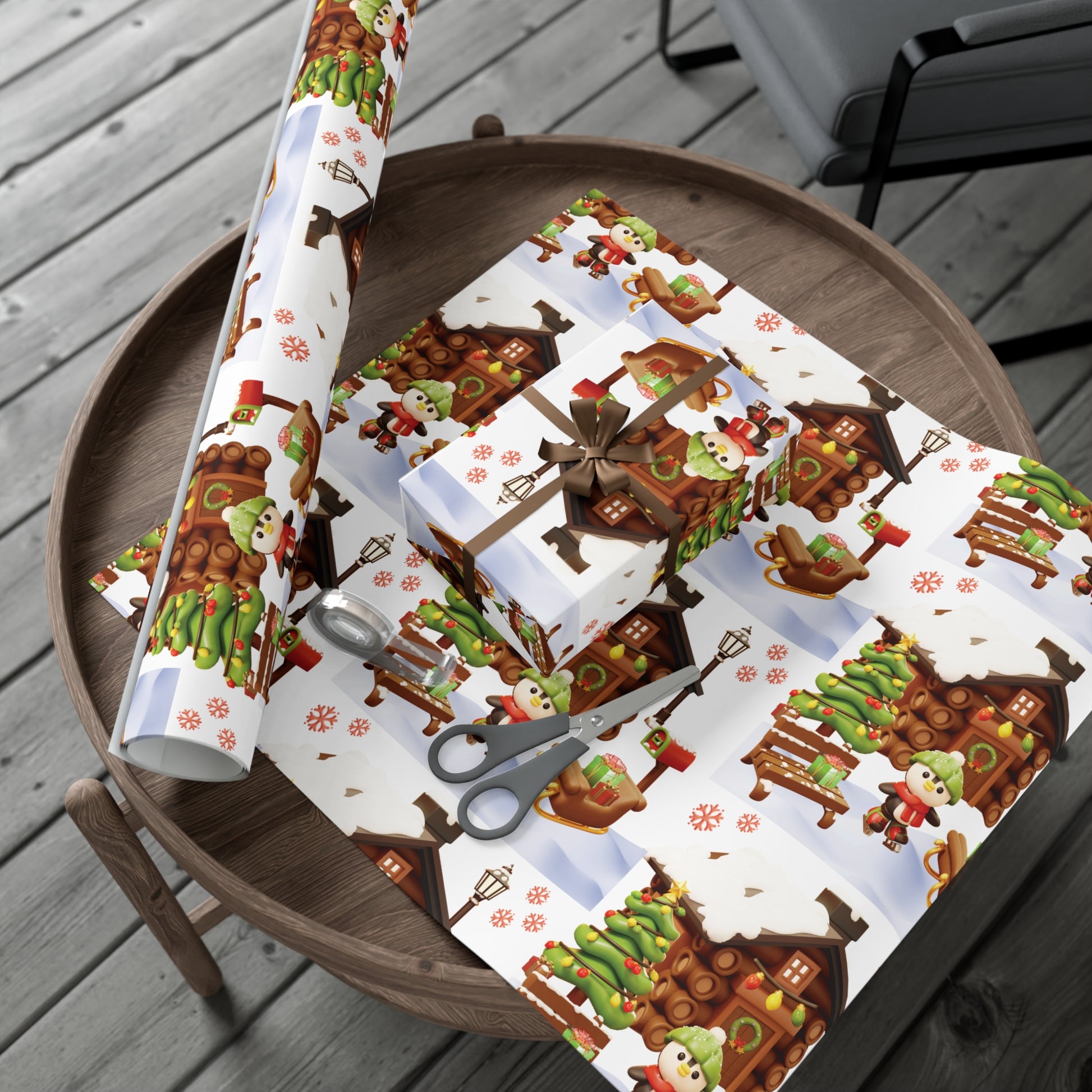 3D Illusion Penguin Wrapping Paper Cute Winter Penguin & Snow Cabin Scene, Festive Christmas Gift Wrap, Holiday Present Paper in 3 SizesPerfect for Seasonal Gifting