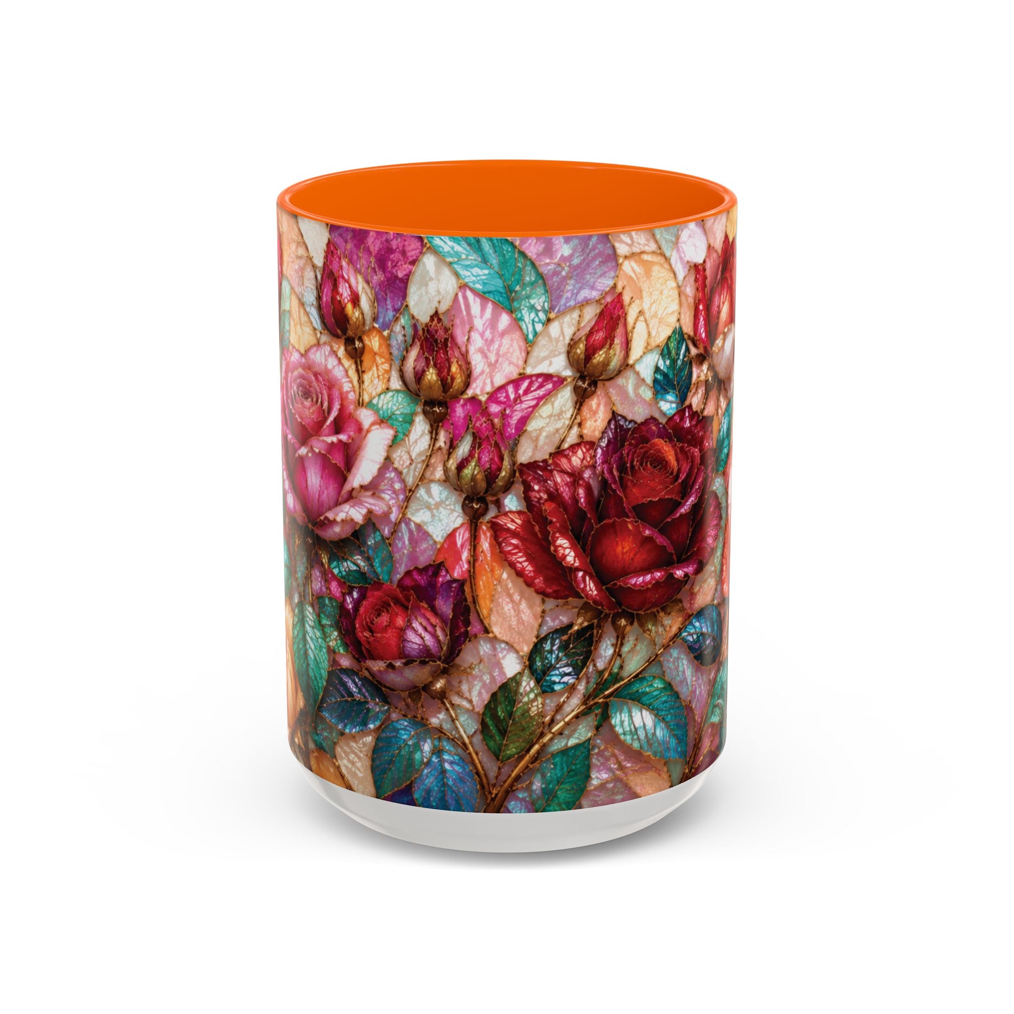 Floral Stained-Glass Accent Coffee Mug Colorful Rose Pattern (11/15 oz) Gift for Her