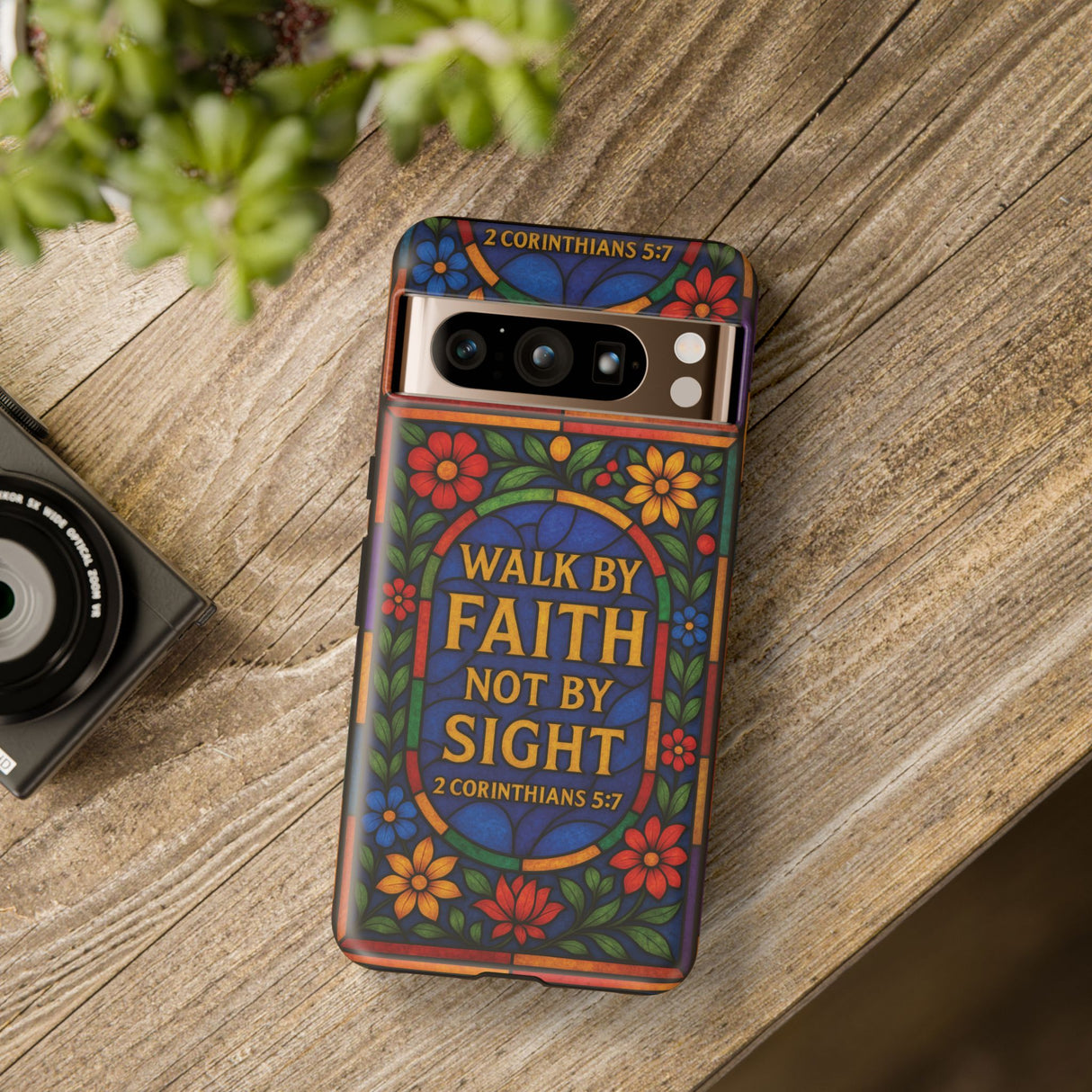 Walk by Faith Stain Glass Illusion Everywhere Christian Tough Phone Case with Bible Verse or Affirmation  Protective, Inspirational Gift for Christians