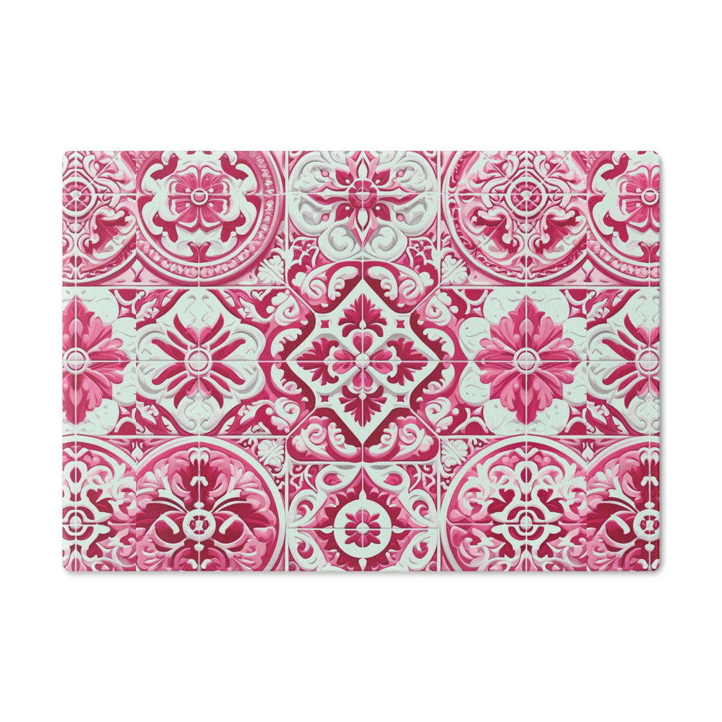 New House Tempered Glass Cutting Board with Pink and White Mediterranean Tile Design Ultra-Durable Kitchen Accessory for Stylish Cooking Kitchen Decor with Elegant Design, Housewarming, New House Gift - MRSBYVALLE