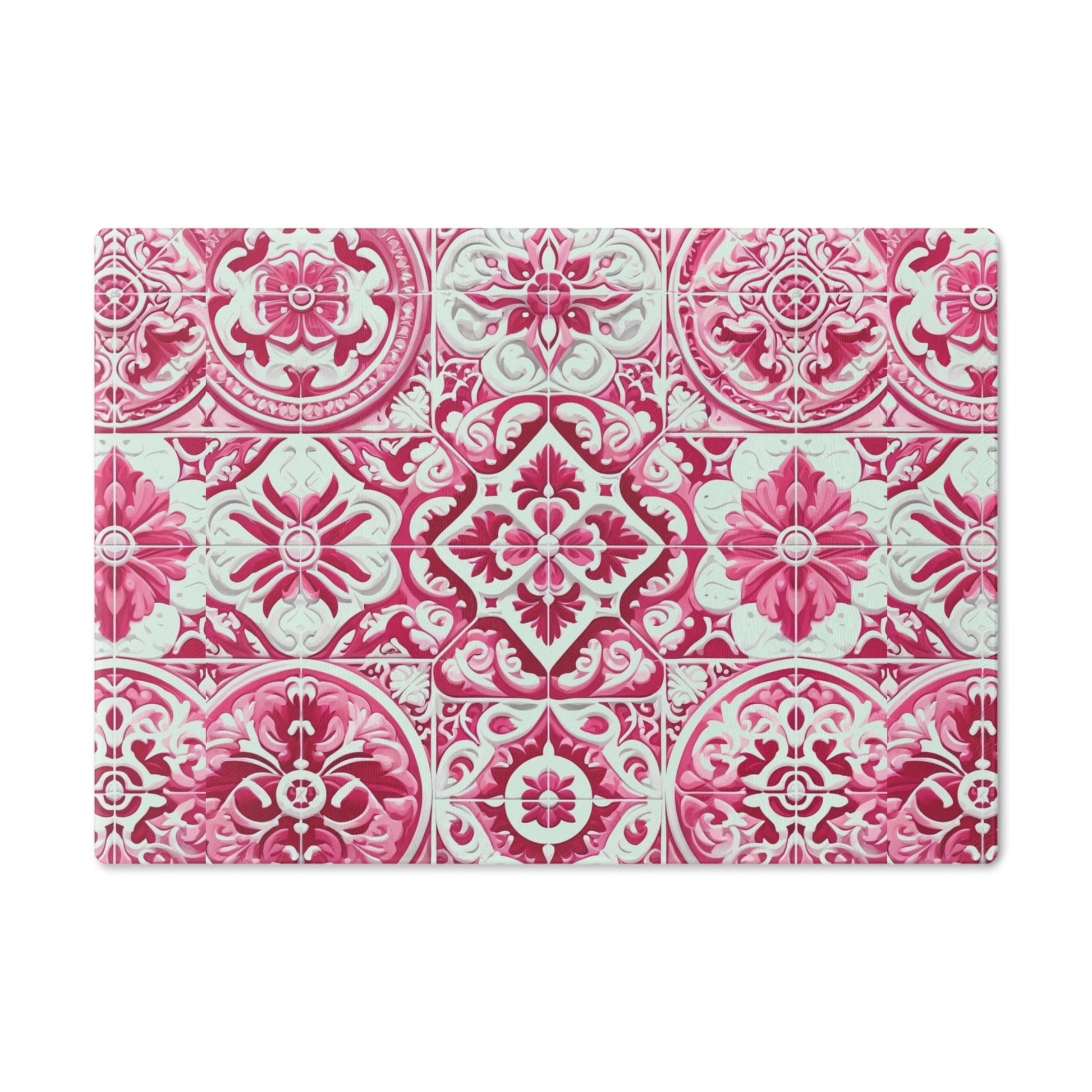 New House Tempered Glass Cutting Board with Pink and White Mediterranean Tile Design Ultra-Durable Kitchen Accessory for Stylish Cooking Kitchen Decor with Elegant Design, Housewarming, New House Gift - MRSBYVALLE