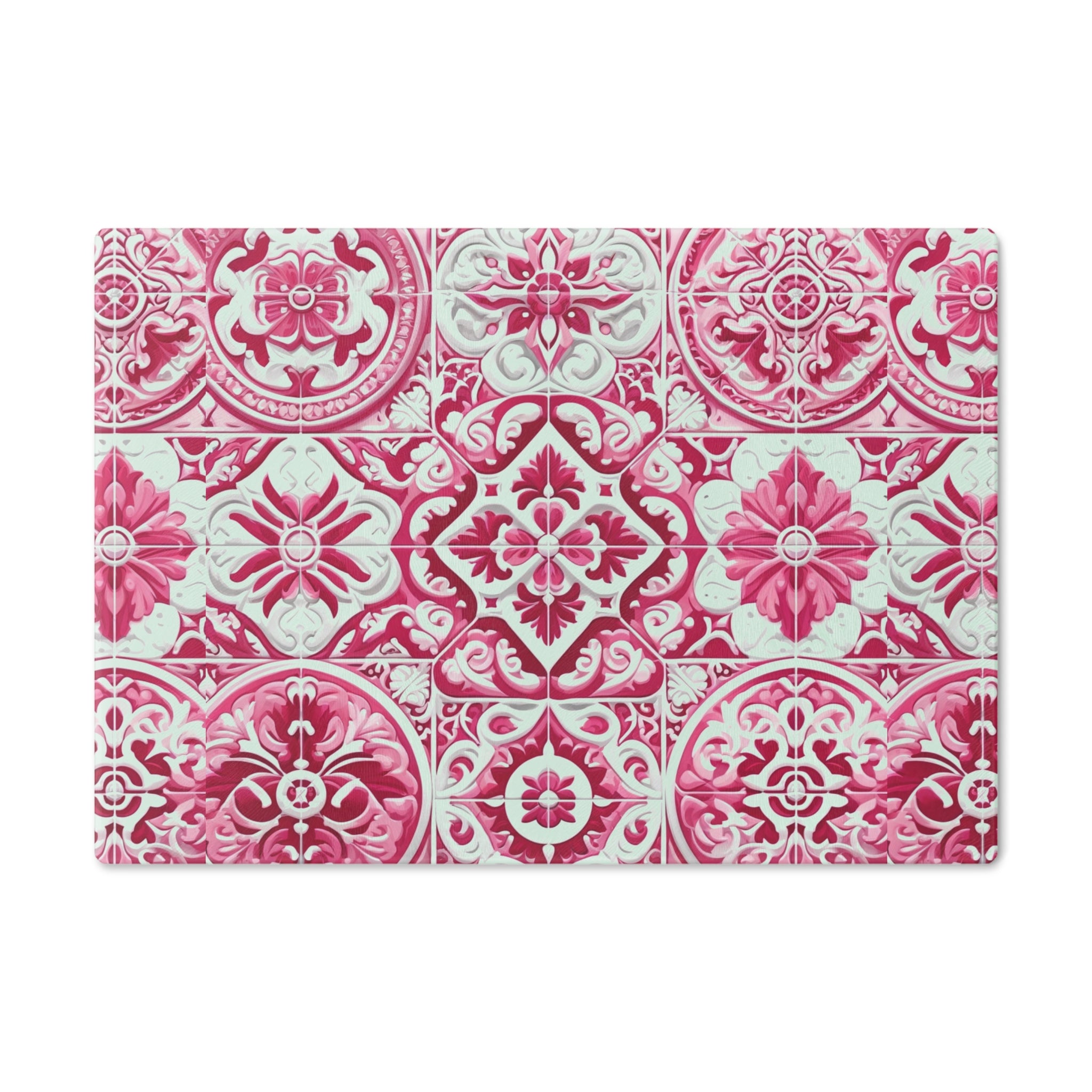 New House Tempered Glass Cutting Board with Pink and White Mediterranean Tile Design Ultra-Durable Kitchen Accessory for Stylish Cooking Kitchen Decor with Elegant Design, Housewarming, New House Gift - MRSBYVALLE