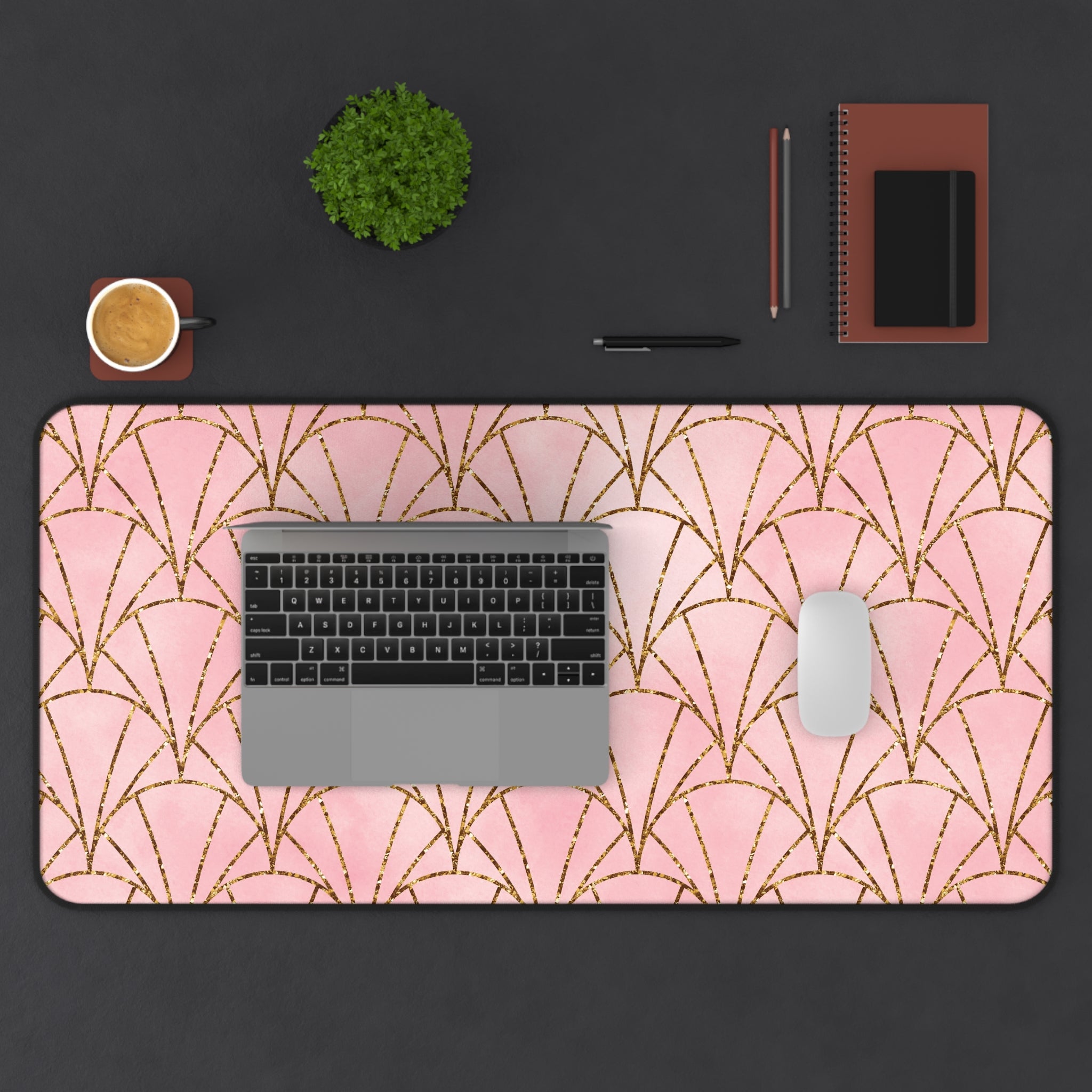 Art Deco Pink & Gold Fan Desk Mat — Glam Desktop Mouse Pad