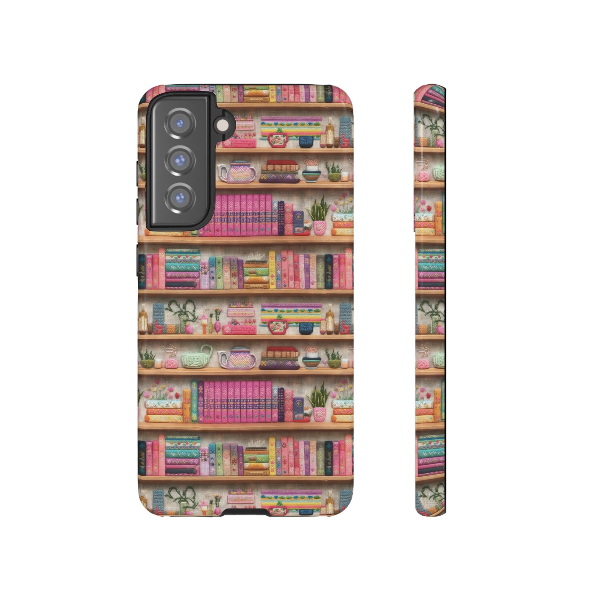 Phone Case 3D Illusion Books & Shelf Embroidery Design with Vibrant Colors Gift for Her Phone 15, Samsung iPhone Samsung Gift for Her Case iPhone 15, Samsung iPhone Samsung Accessory Gift for Her.