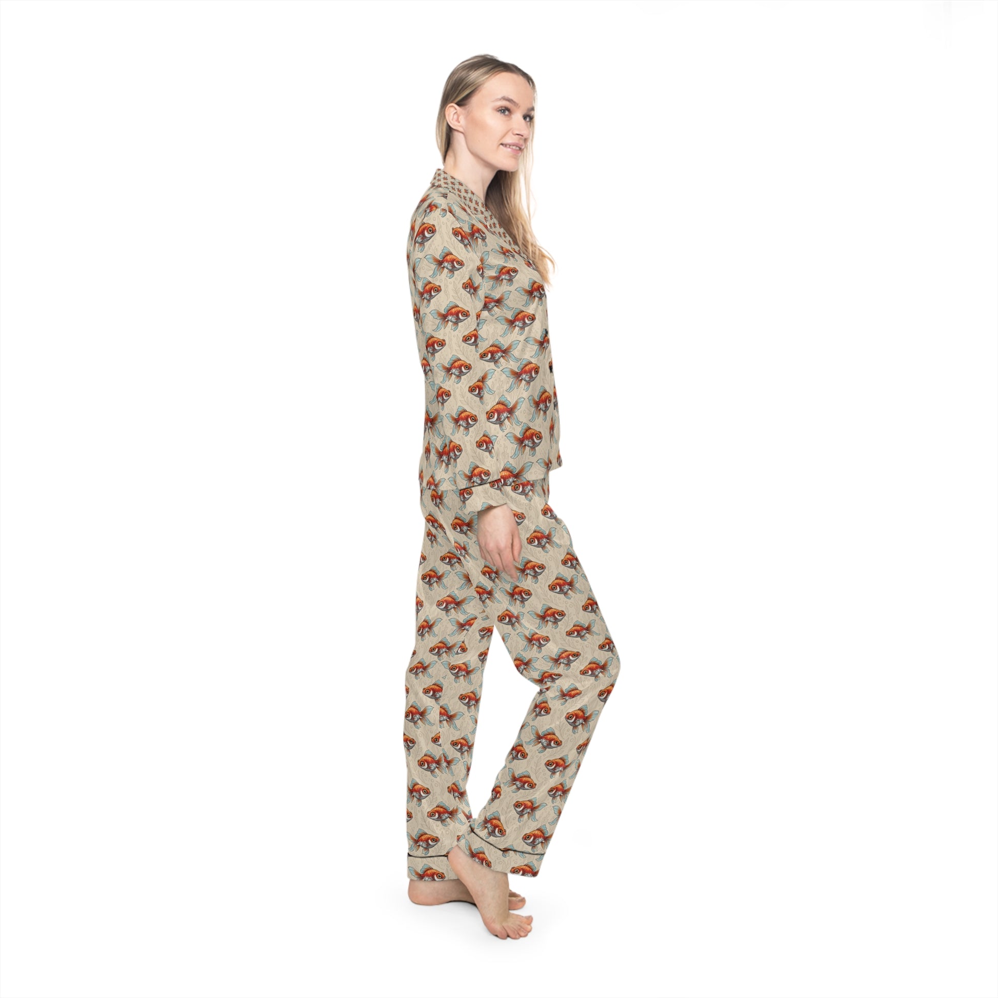 Women’s Luxury Satin Pajama Set – Telescope Goldfish Print Sleepwear Perfect Gift
