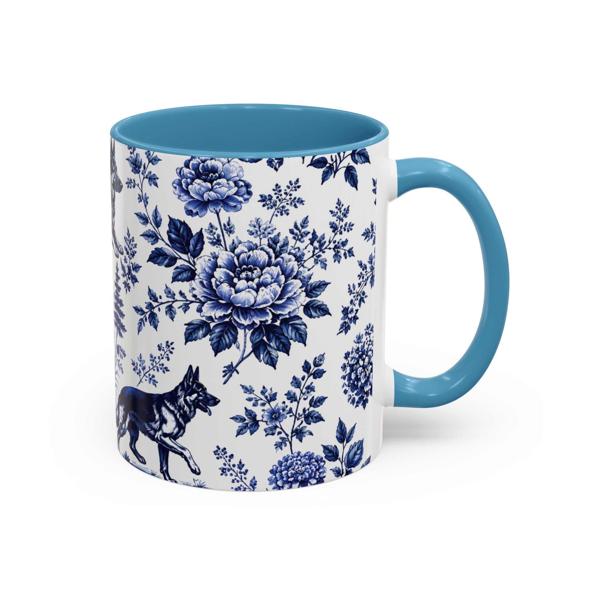 Elegant German Shepherd Floral Mug | Luxury Blue Toile Coffee Mug 11/15oz Accent Ceramic