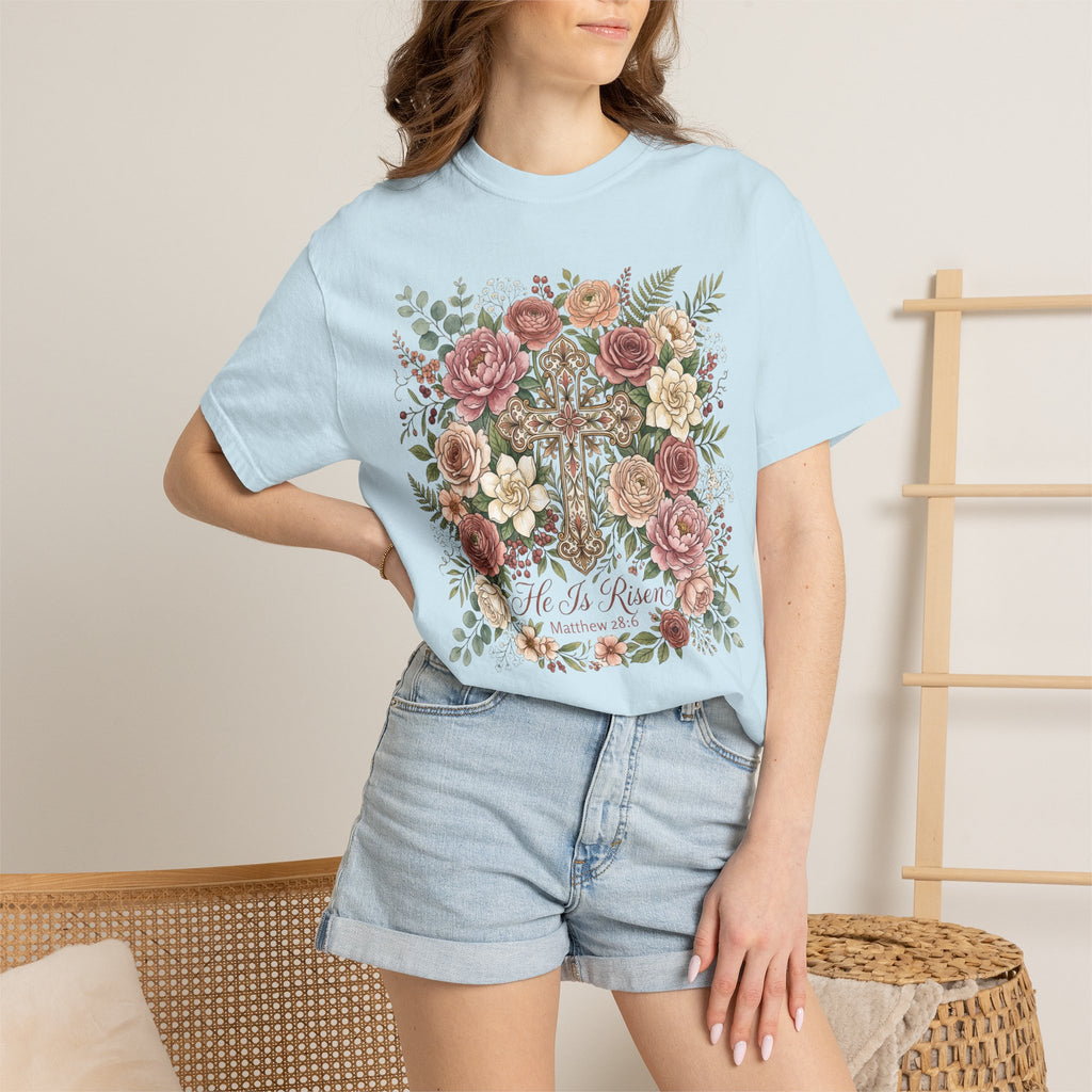 He Is Risen Floral Cross T-Shirt Christian Gift