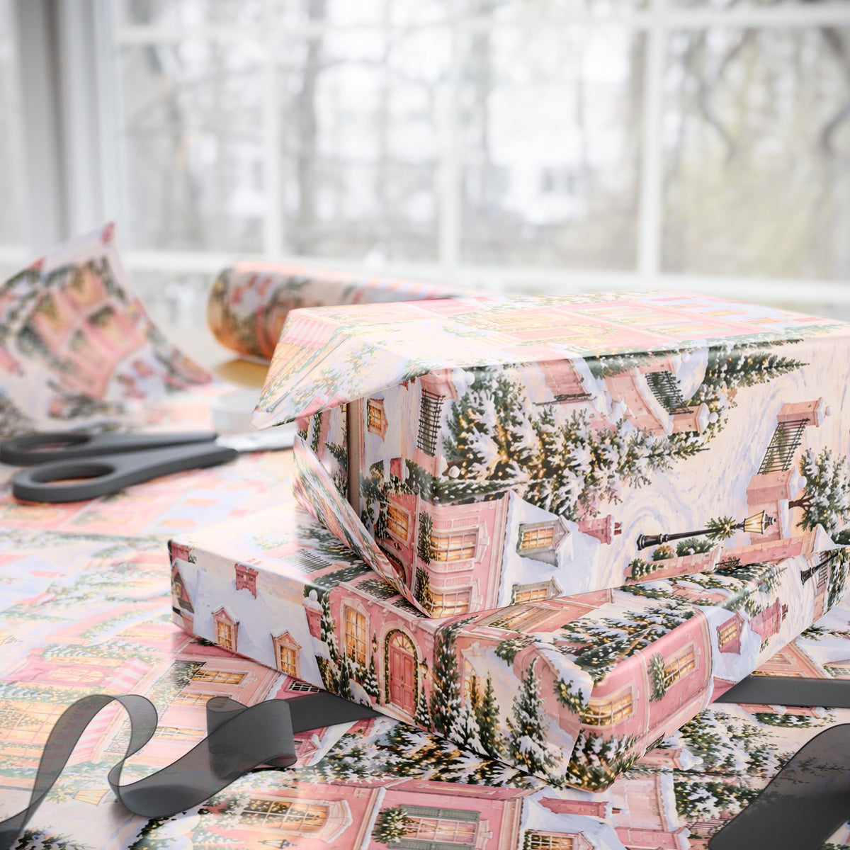 Wrapping Paper — Pink Snowy Village Holiday Gift Wrap (Festive Cottage Pattern)