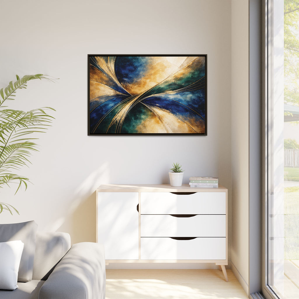 Gilded Convergence  Luxe NeoDeco Blue & Gold Abstract Wall Art Framed