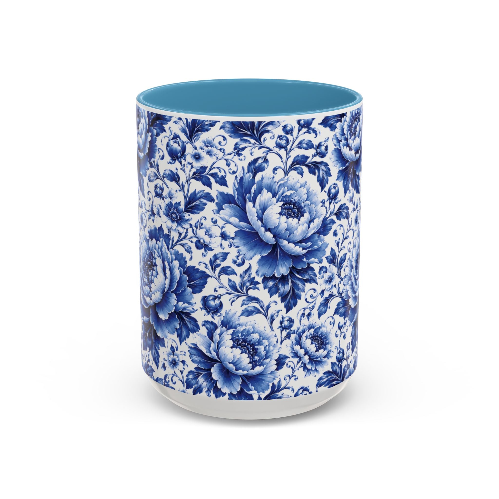 Blue Floral Ceramic Coffee Mug — Vintage Delft Peony Accent (11oz & 15oz) Blue & White Chinoiserie Tea Mug