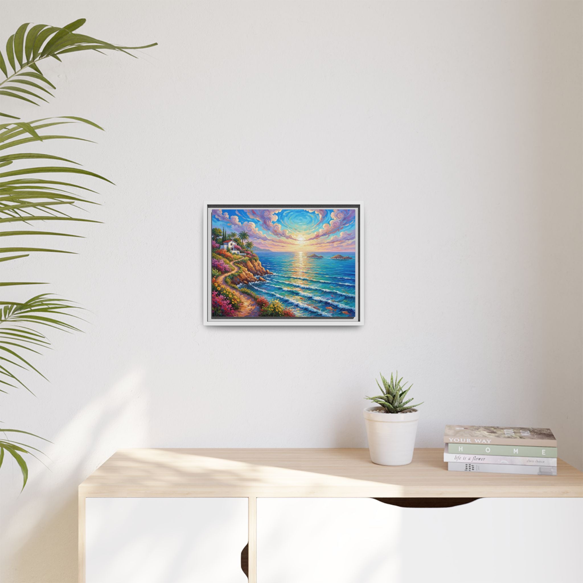 Toile imprimée florale océanique | Décoration murale colorée et lumineuse de paysage marin, œuvre d'art de bureau encadrée et mate