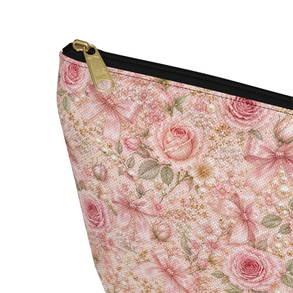 Trousse de Maquillage Nœud en Satin et Rose Poudré, Pochette Cosmétique Fleurie Coquette de Luxe, Organisateur de Voyage Élégant