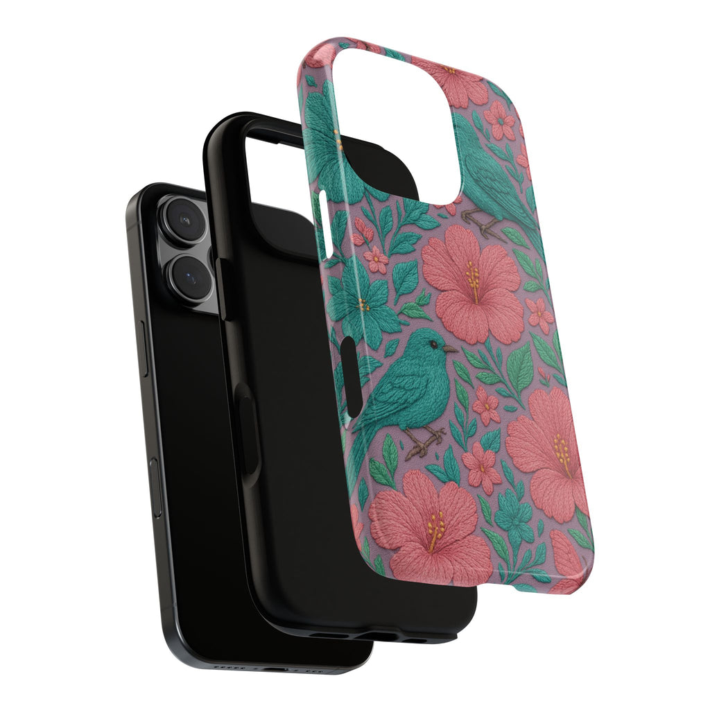 Turquoise, Pink and Lavender 3D Embroidery Illusion Phone Case Tropical Flowers, Birds & Butterflies Cover with Bold, Realistic Floral Texture iPhone, Samsung