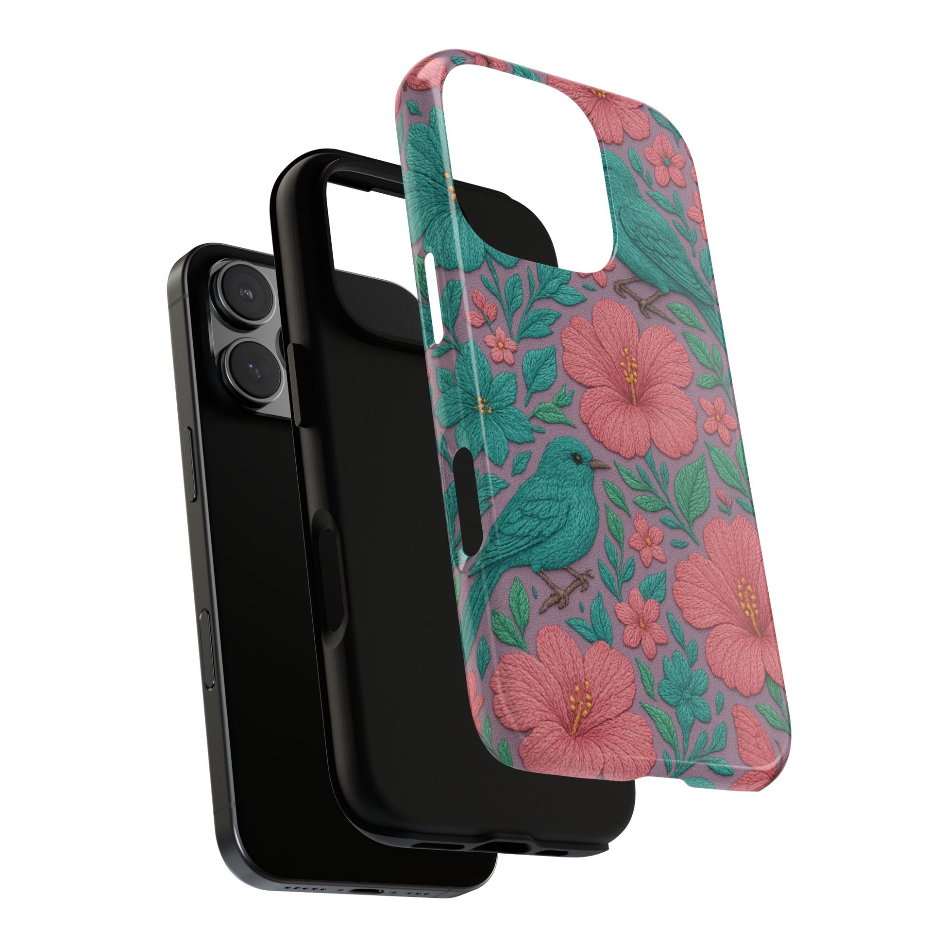 Turquoise, Pink and Lavender 3D Embroidery Illusion Phone Case Tropical Flowers, Birds & Butterflies Cover with Bold, Realistic Floral Texture iPhone, Samsung