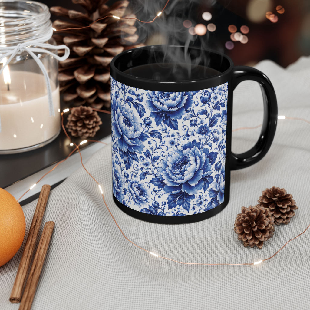 Blue Floral Porcelain Pattern Mug Elegant Black Ceramic Coffee Cup (11oz/15oz) Blue & White Chinoiserie Tea Cup