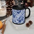 Blue Floral Porcelain Pattern Mug Elegant Black Ceramic Coffee Cup (11oz/15oz) Blue & White Chinoiserie Tea Cup