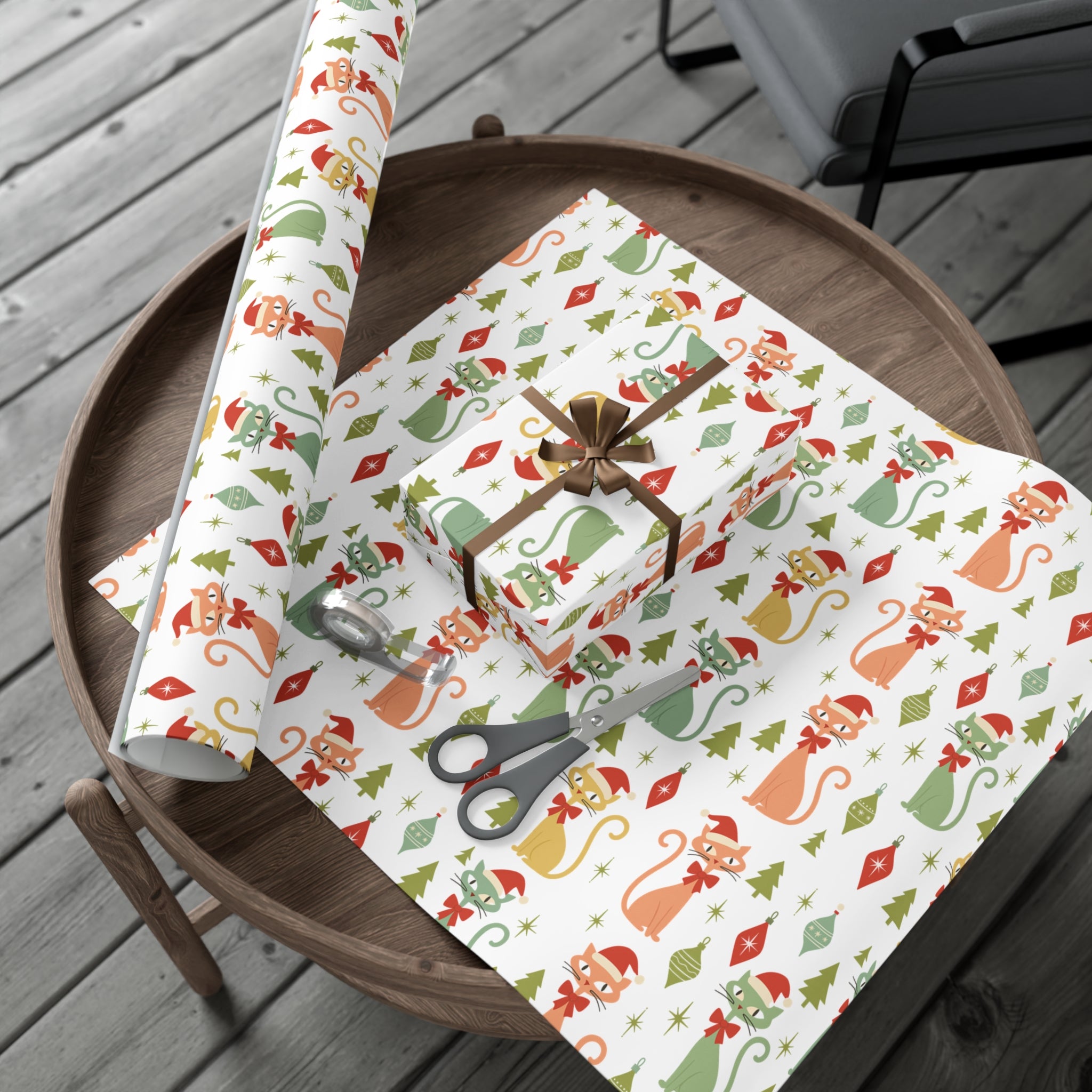 Papier Cadeau Chat Atomique Noël, Papier Cadeau Rétro, Motif Chatons Pastel Milieu de Siècle, Fêtes Vintage 30x20, 30x72, 30x144 Parfait pour toutes les Occasions