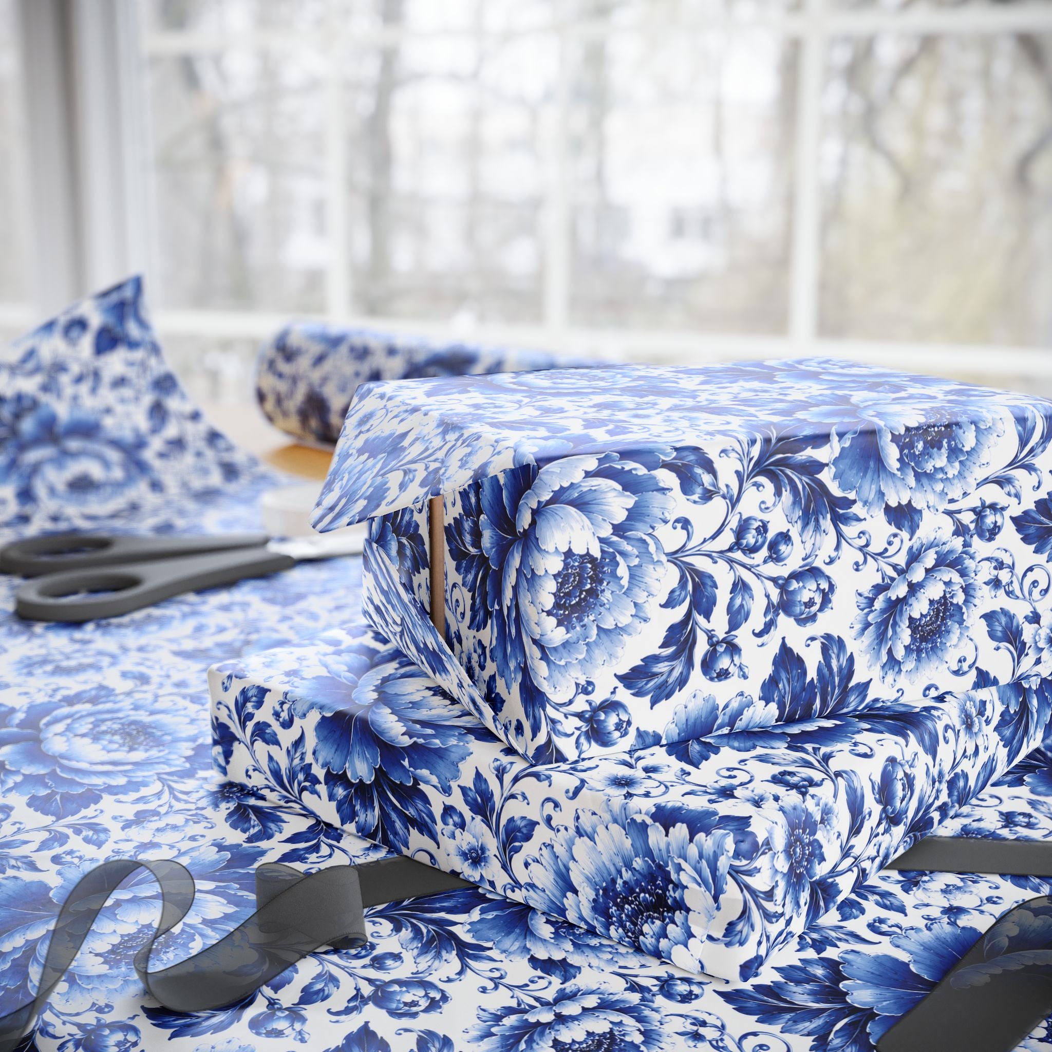 Blue & White Chinoiserie Peony Floral Luxury Gift Wrapping Paper Elegant Gift Wrap for Weddings & Holidays