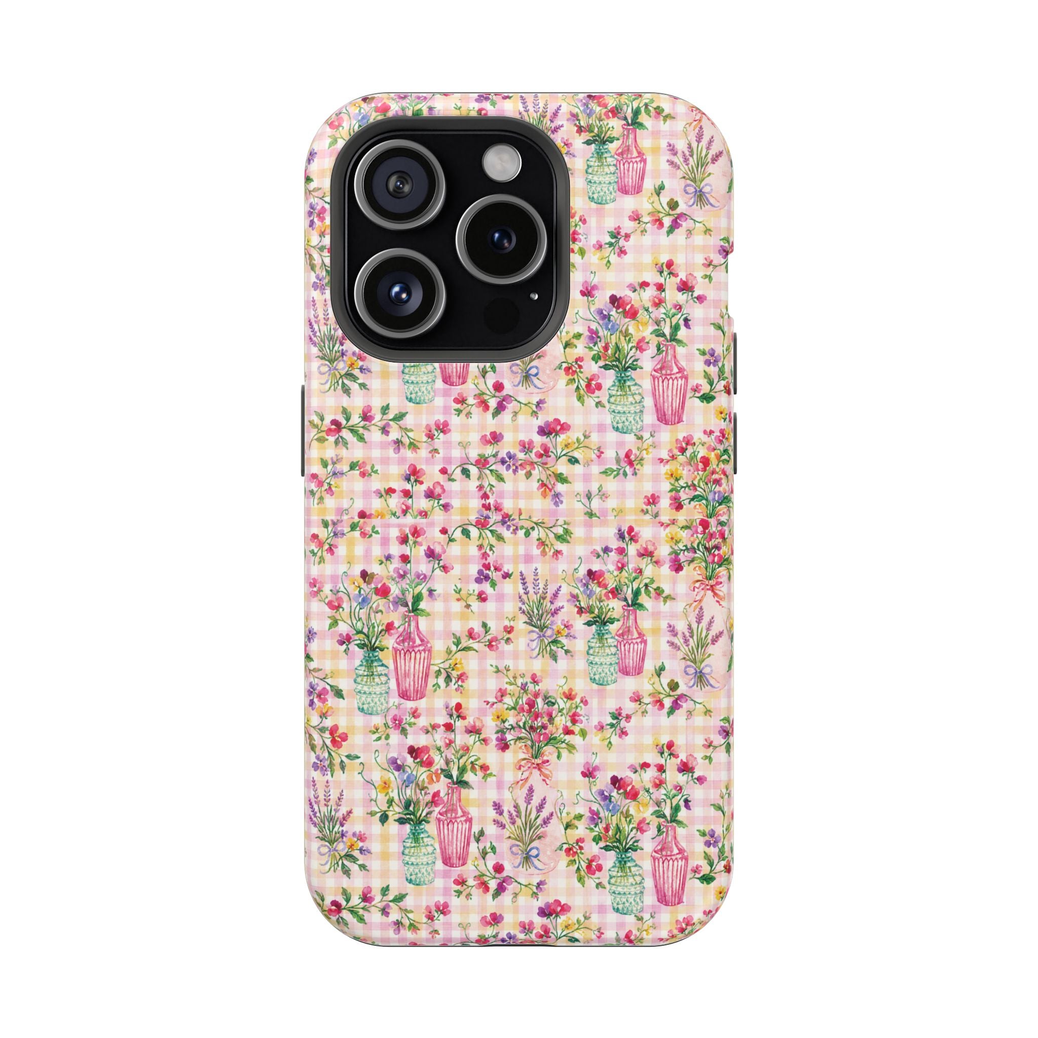 Turquoise & Pink Floral Checker Phone Case — Magnetic Impact-Resistant
