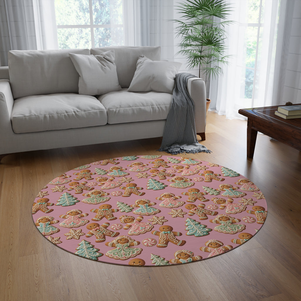 Christmas Gingerbread Round Rug — Pink Holiday Cookie Pattern Floor Mat Office