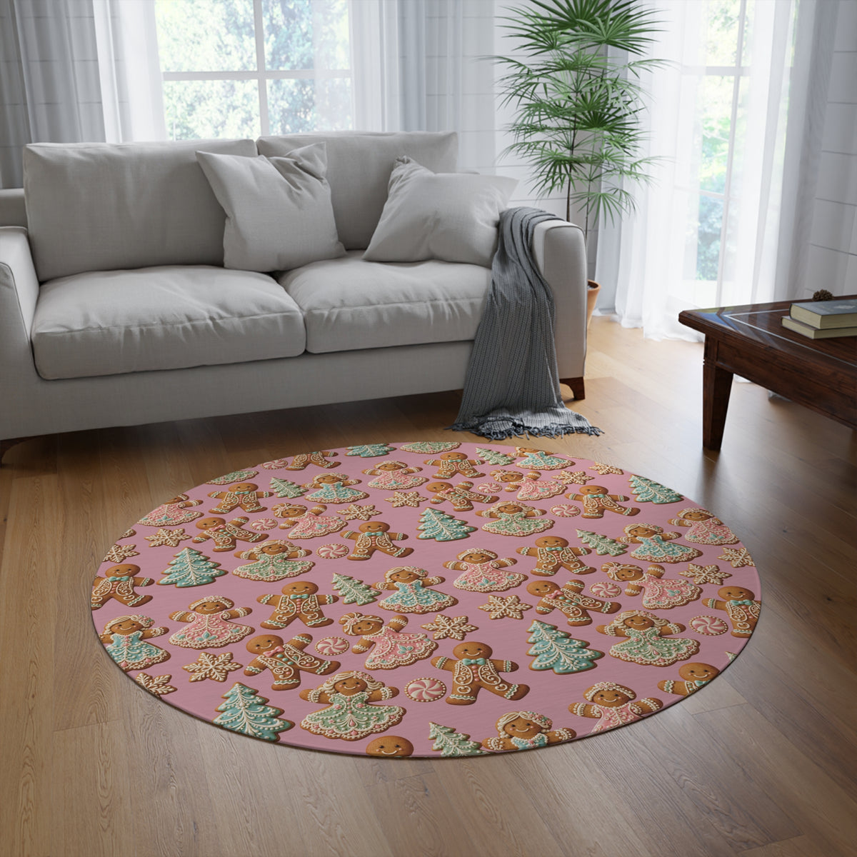 Christmas Gingerbread Round Rug — Pink Holiday Cookie Pattern Floor Mat Office