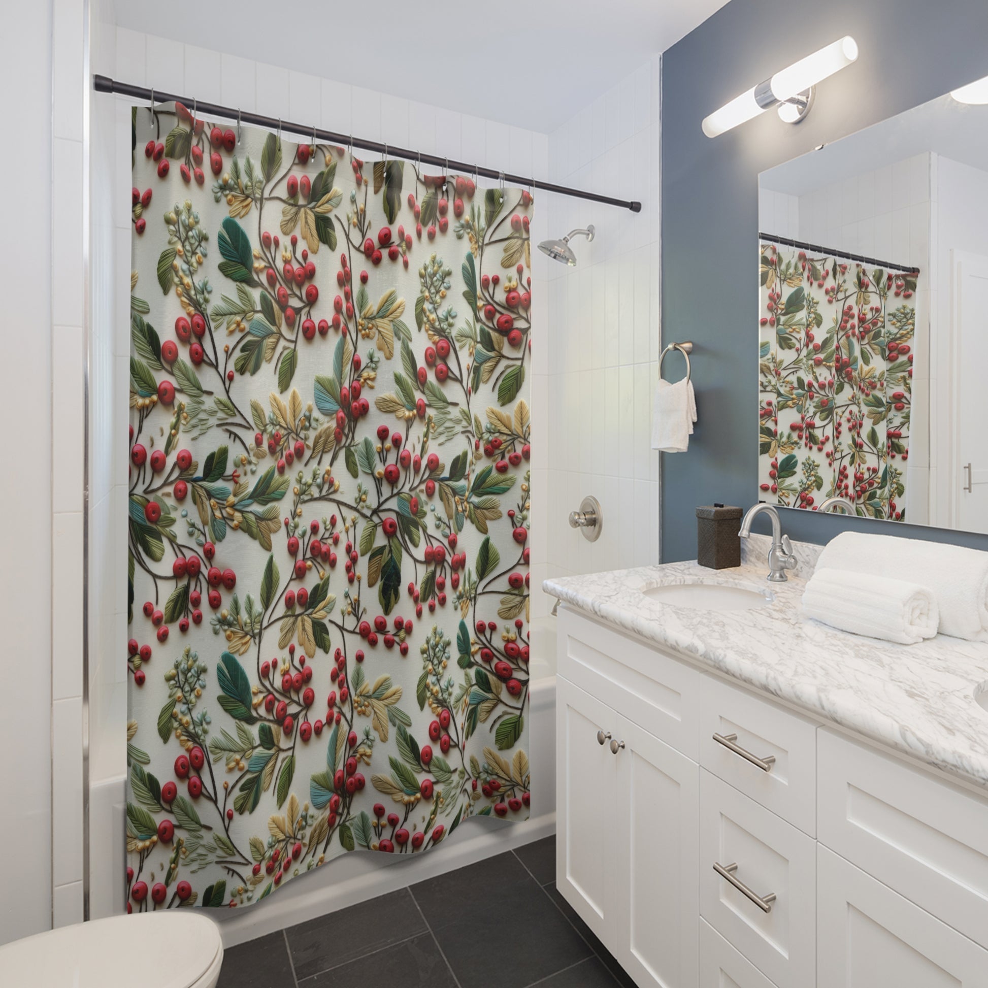 New House Christmas Holly Floral Design Shower Curtain Stylish Bathroom Decor, Perfect for a Fresh, Elegant Look and Durable for a Fresh, Stylish LookWedding Gift for Mom Bridal Shower Gift Newlywed - MRSBYVALLE