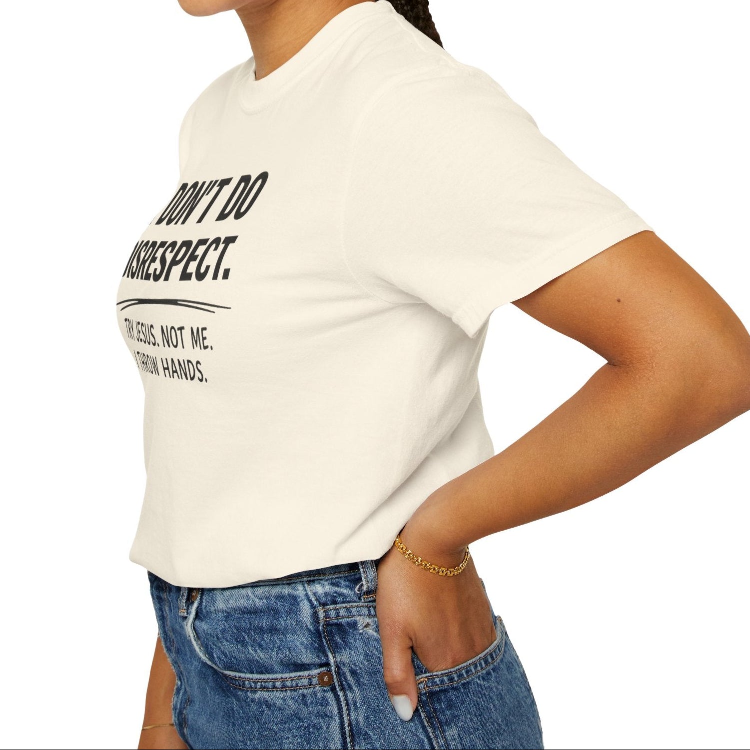 Woman wearing a white t-shirt with text on a white background