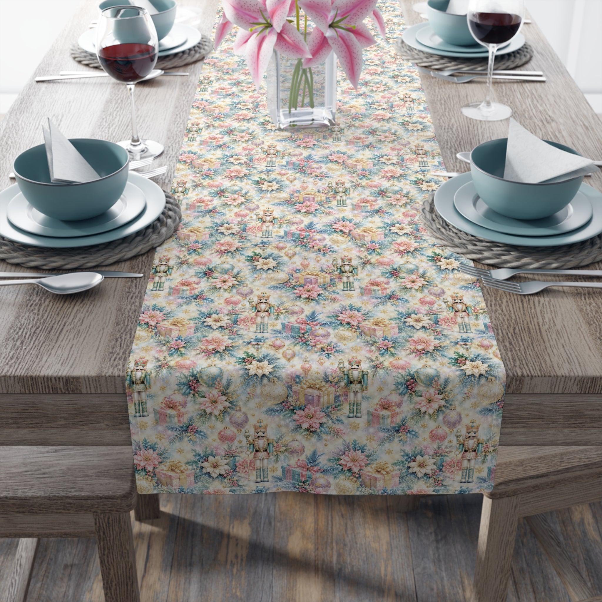 Nutcrackers Pastel Pink and Turquoise Table Runner — Pastel Cottagecore Cotton-Blend Decor