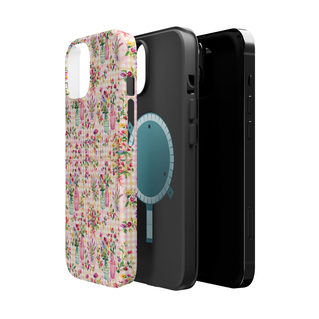 Turquoise & Pink Floral Checker Phone Case — Magnetic Impact-Resistant