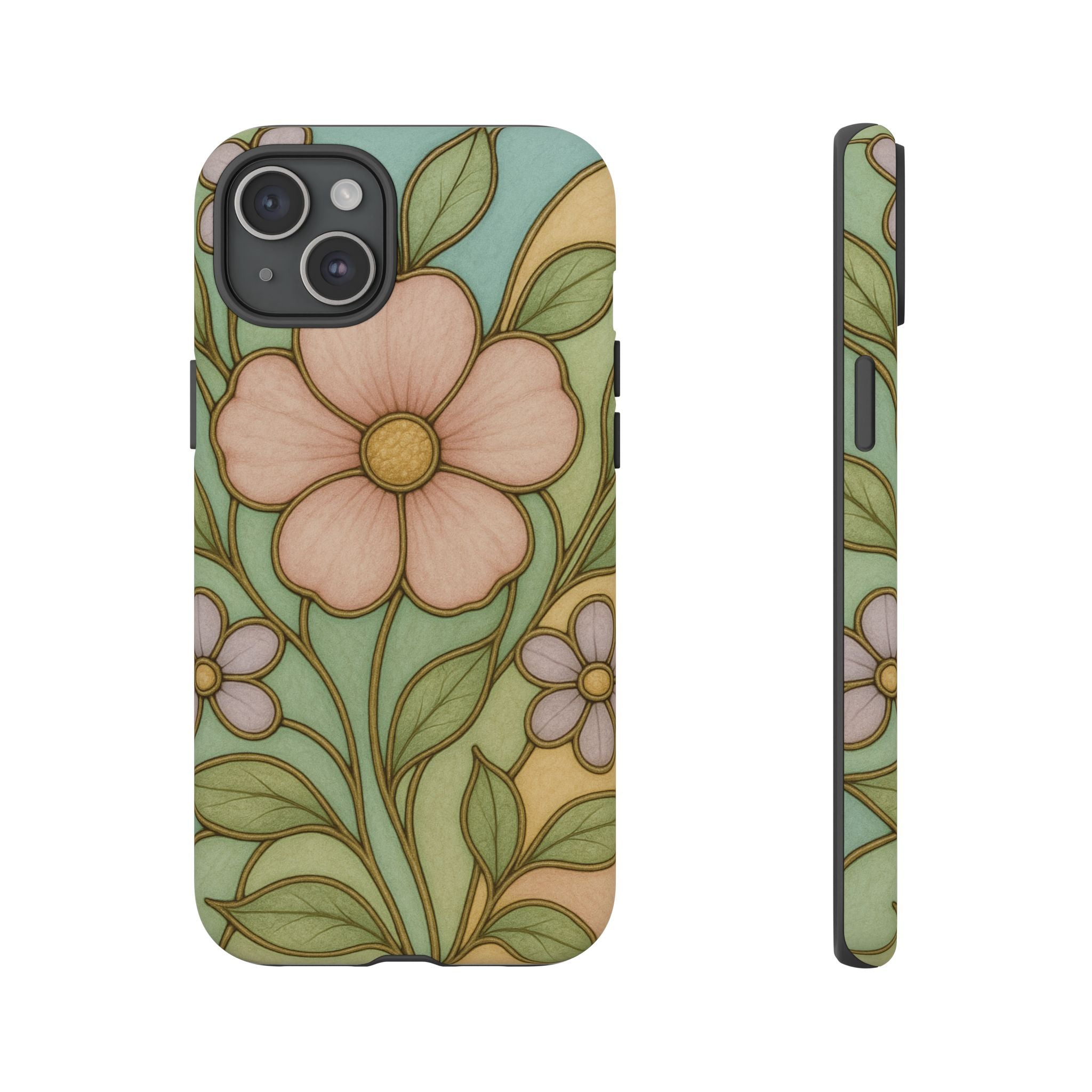 Pastel Pink, Yellow Stain Glass Illusion Floral Phone Case  Romantic Cottagecore Aesthetic, Soft Botanical Design, Protective Gift for Her, Fits iPhone & Samsung Models