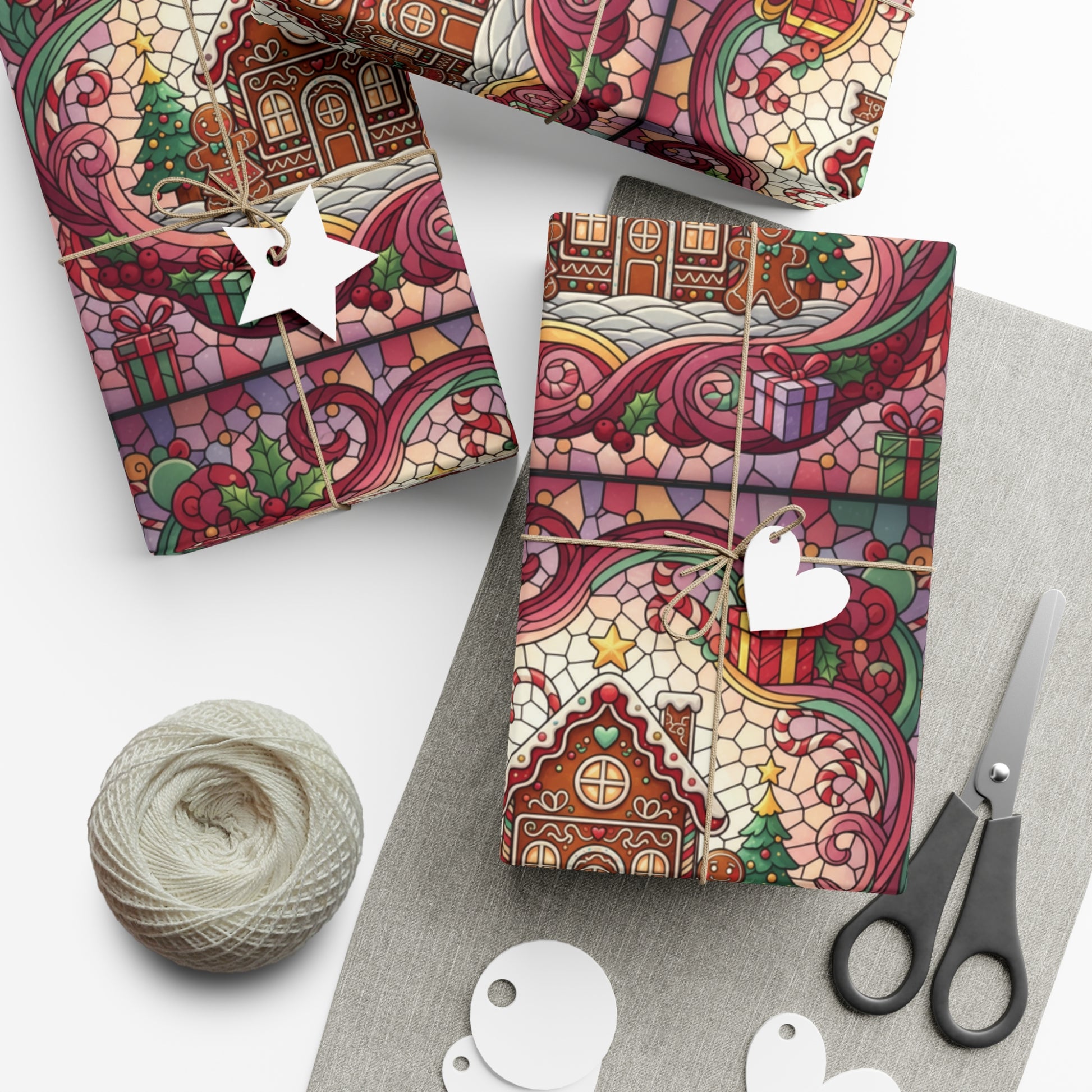 Stained Glass Gift Wrap Papers, Gingerbread House and Family Design - Wrapping Sheets, Festive Holiday Craft Supplies, Christmas Decoration