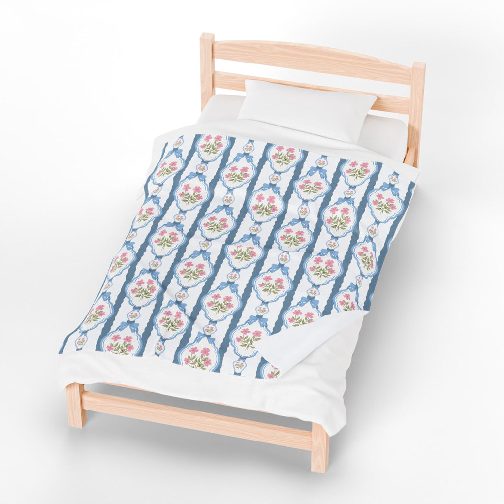 Couverture en peluche veloutée — Nœuds roses vintage et jeté romantique bleu