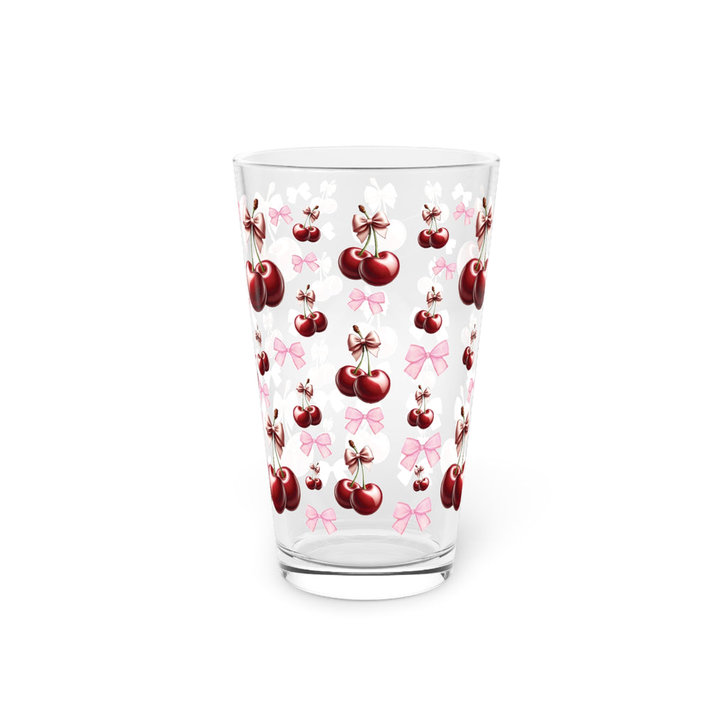 Cherry and Pink Bow 16 oz Pint Glass Elegant Drinkware for Everyday Use | Perfect for Home Perfect for Every Occasion Mother's Day Party Drinkware, Housewarming Perfect Gift Party Drinkware, Cocktail, Wedding Perfect for Parties - MRSBYVALLE