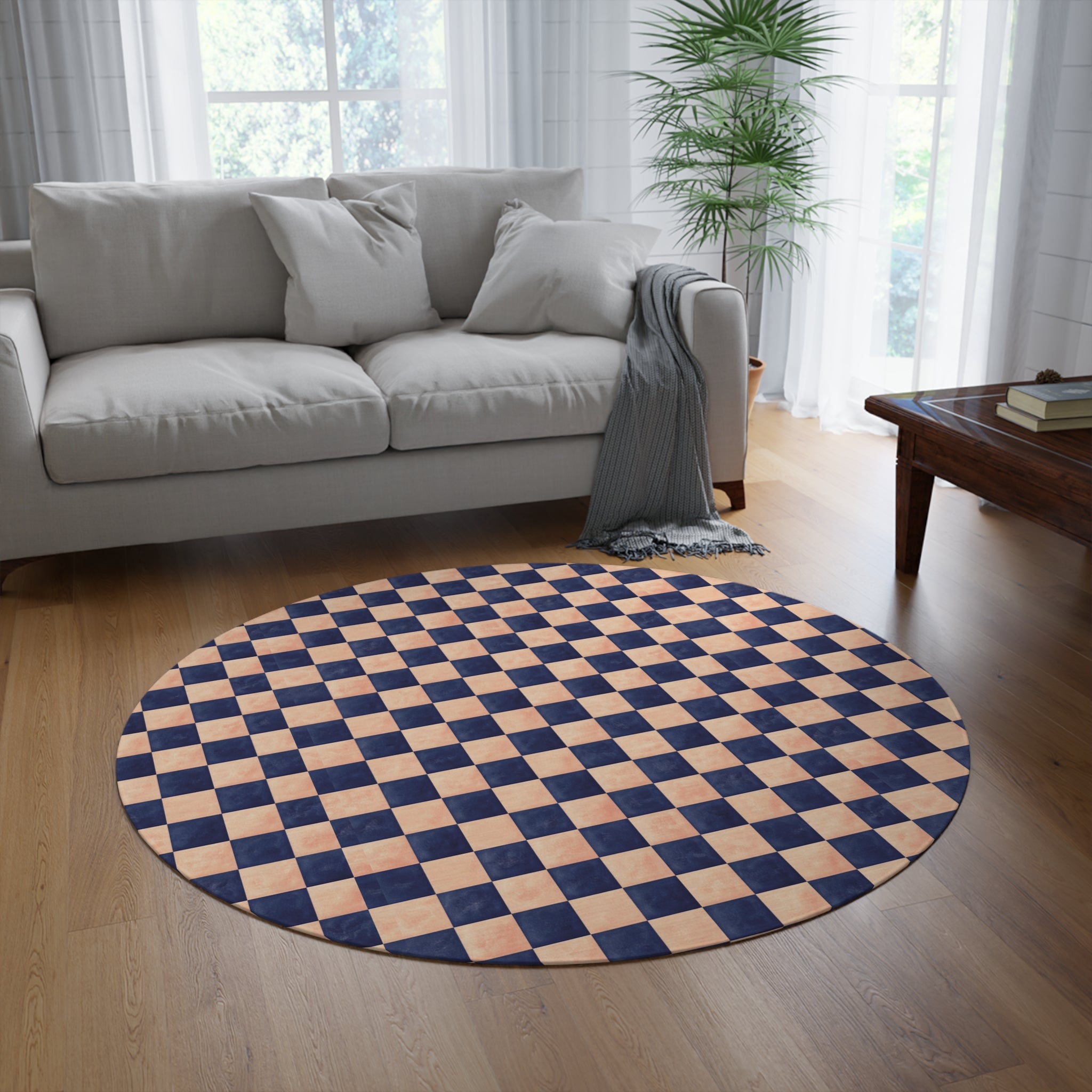 Navy & Peach Checkerboard Round Rug — Retro Geometric Accent Rug
