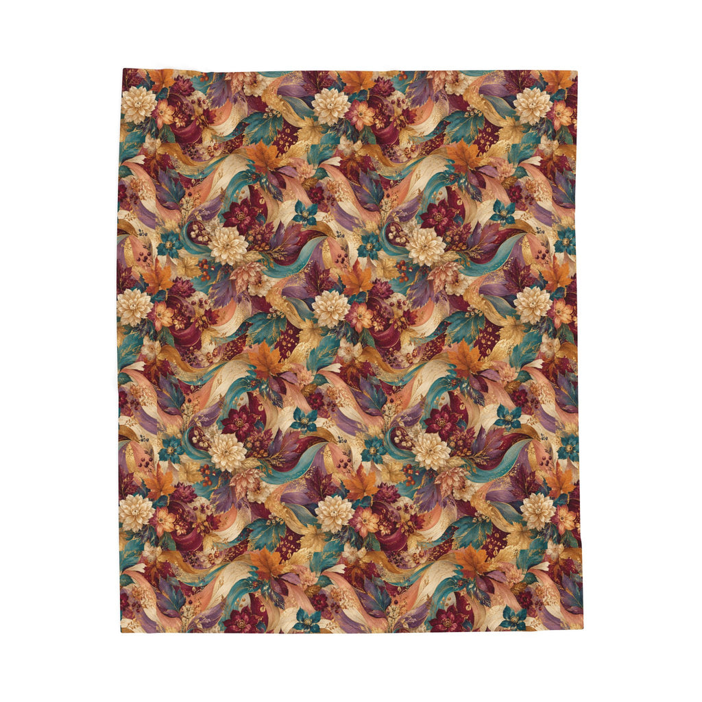 Autumn Floral Velveteen Plush Blanket Cozy Vintage  Throw Luxury Botanical Velveteen Plush Blanket Burgundy Teal Gold
