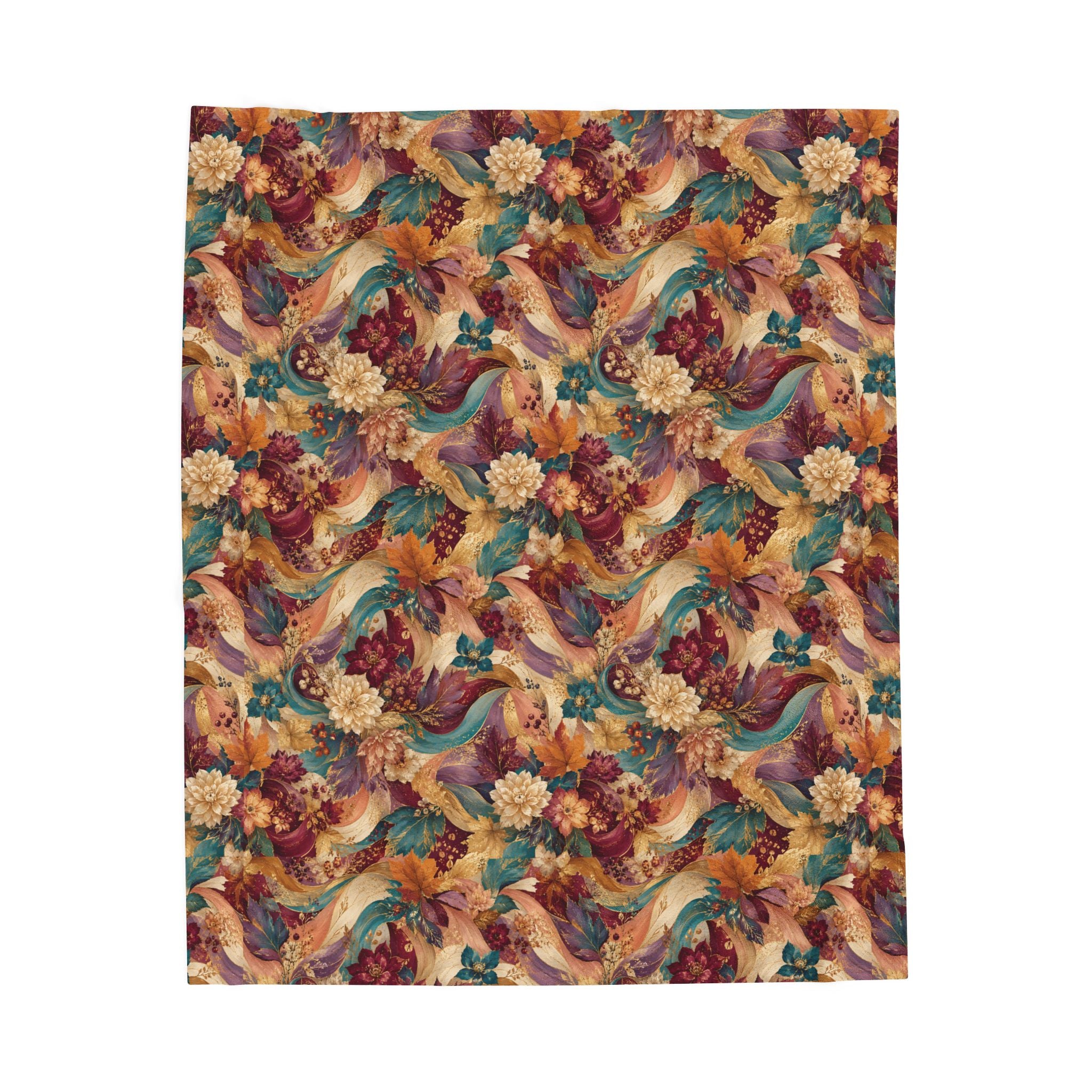 Autumn Floral Velveteen Plush Blanket Cozy Vintage  Throw Luxury Botanical Velveteen Plush Blanket Burgundy Teal Gold
