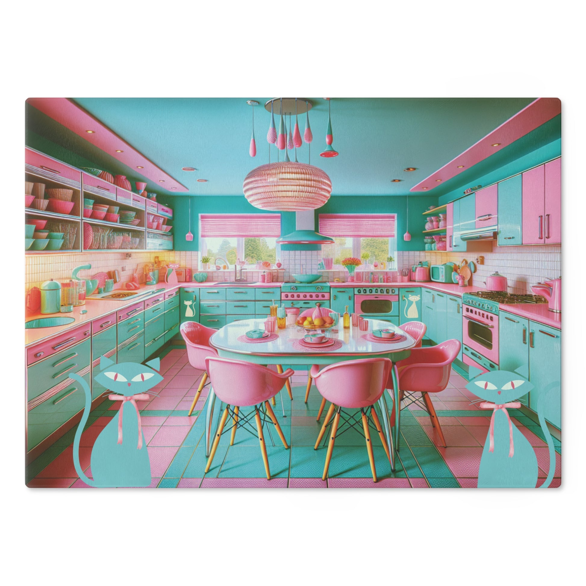Cutting Board - Atomic Kitty Cat Mid Century Modern Aqua Pink MCM Design - MRSBYVALLE