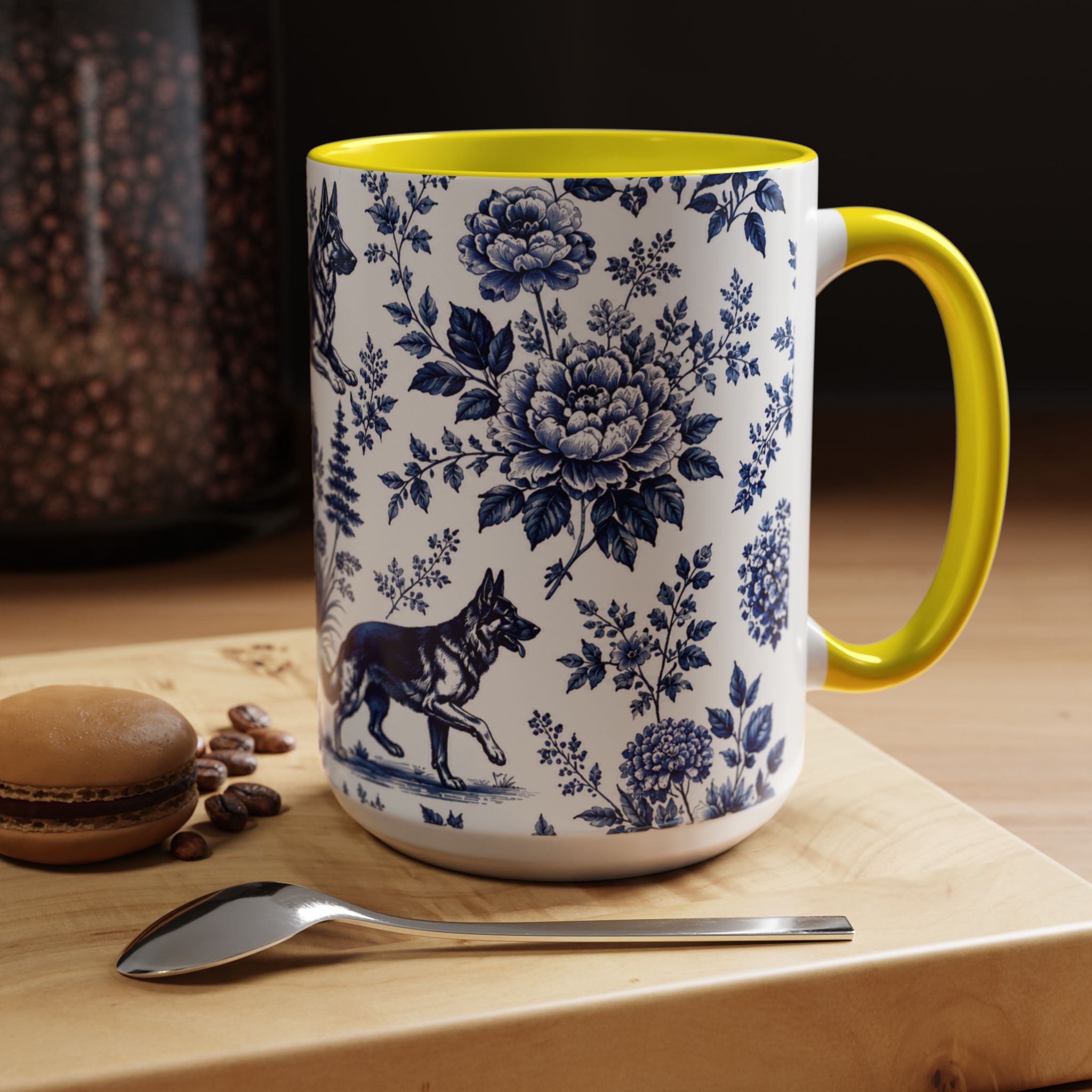Elegant German Shepherd Floral Mug | Luxury Blue Toile Coffee Mug 11/15oz Accent Ceramic