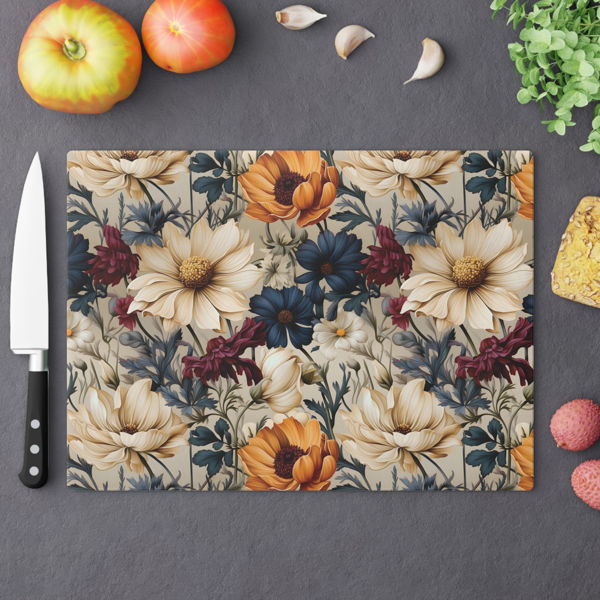 Durable Tempered Glass Cutting Board – Elegant Winter Floral Design | Heat-Resistant, Non-Slip, Stylish Kitchen Decor Navy, Amethyst, White & MorePerfect for Kitchen Prep, Chopping, and Serving with Style - MRSBYVALLE