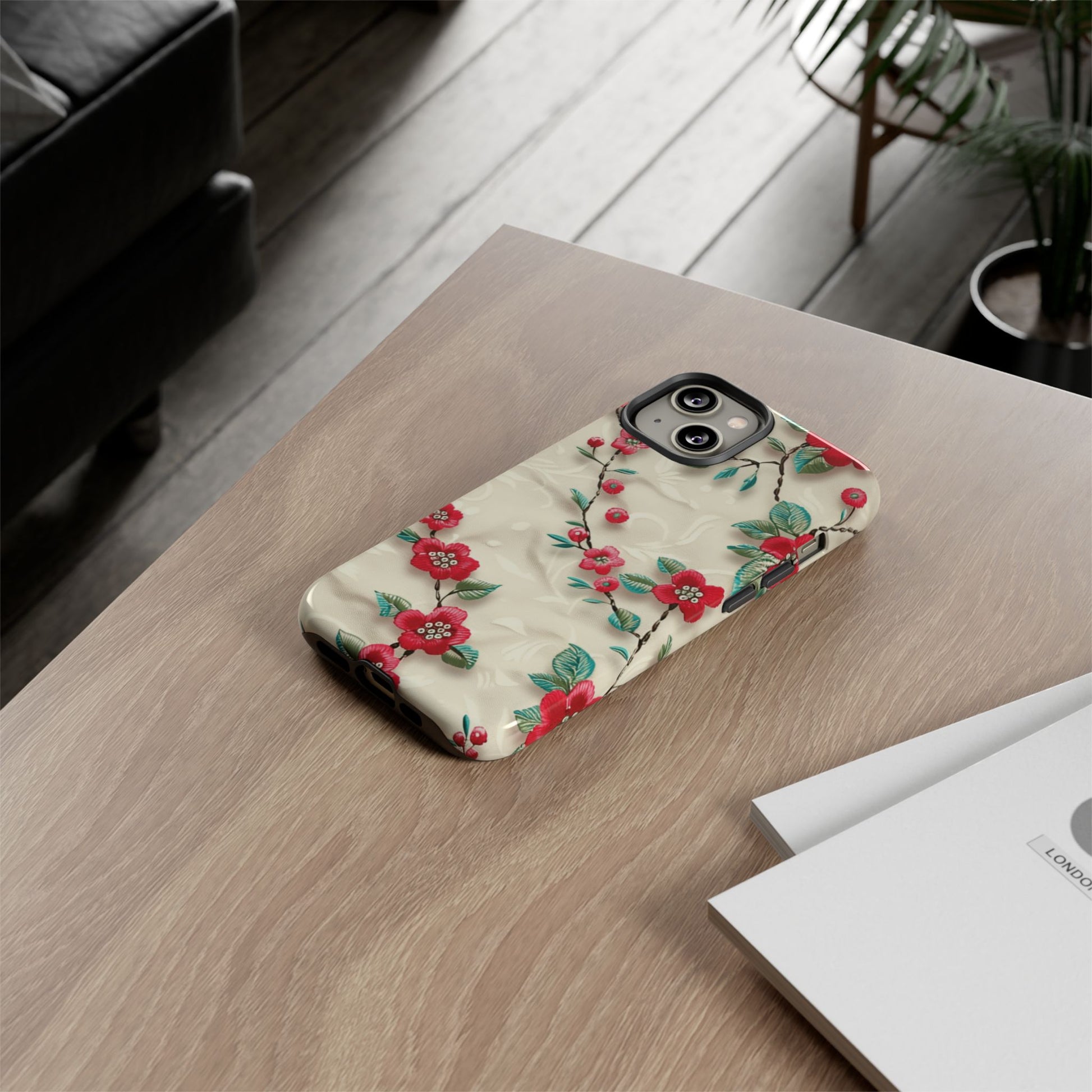 3D Embroidery Illusion Red Flowers Phone Case for iPhone, Samsung Pixel Artistic Floral Protection 15 14 13 12, 21 23 Gift for Her Perfect for Floral Lover