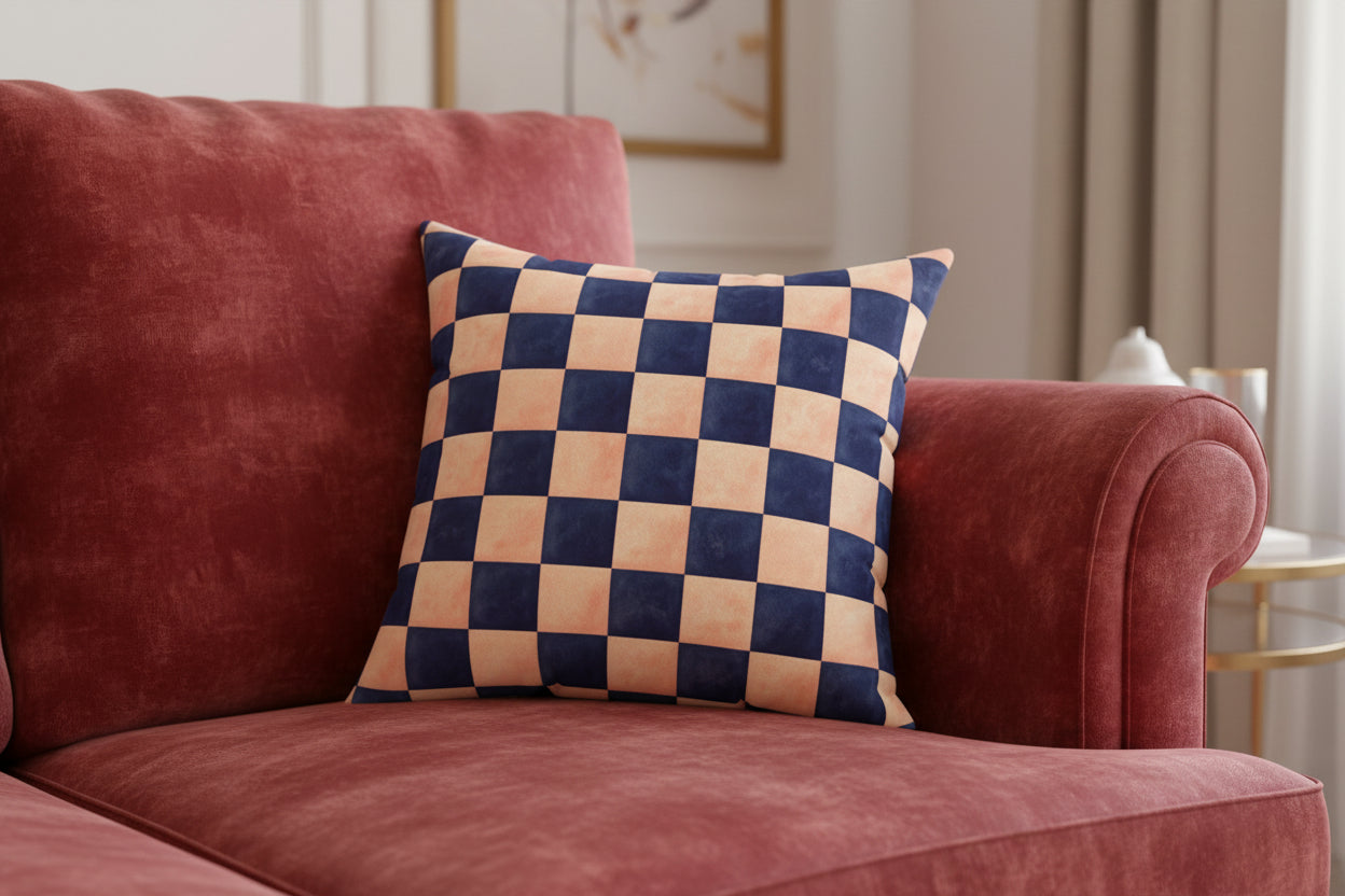Checkered pillow with blue and beige squares on a white background