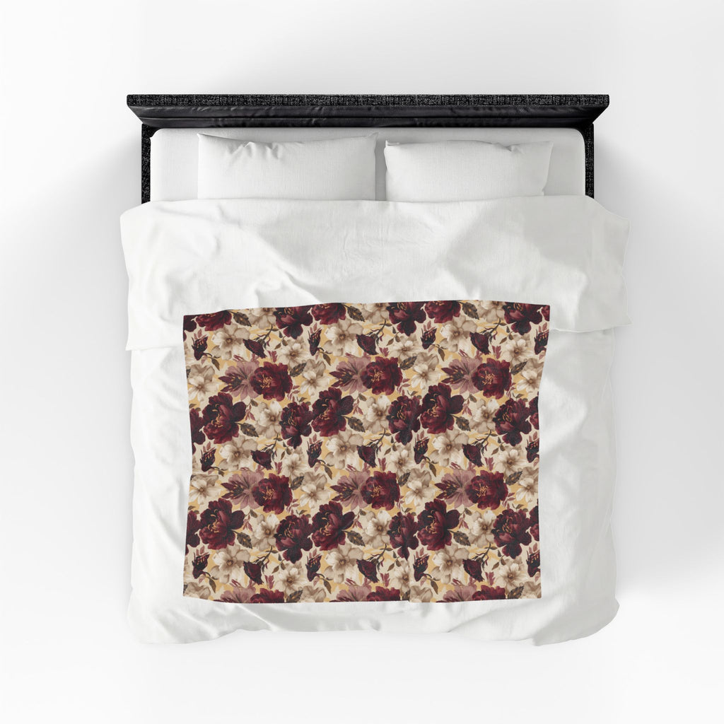 Velveteen Plush Blanket - Vintage Burgundy Rose Floral Throw Cottage