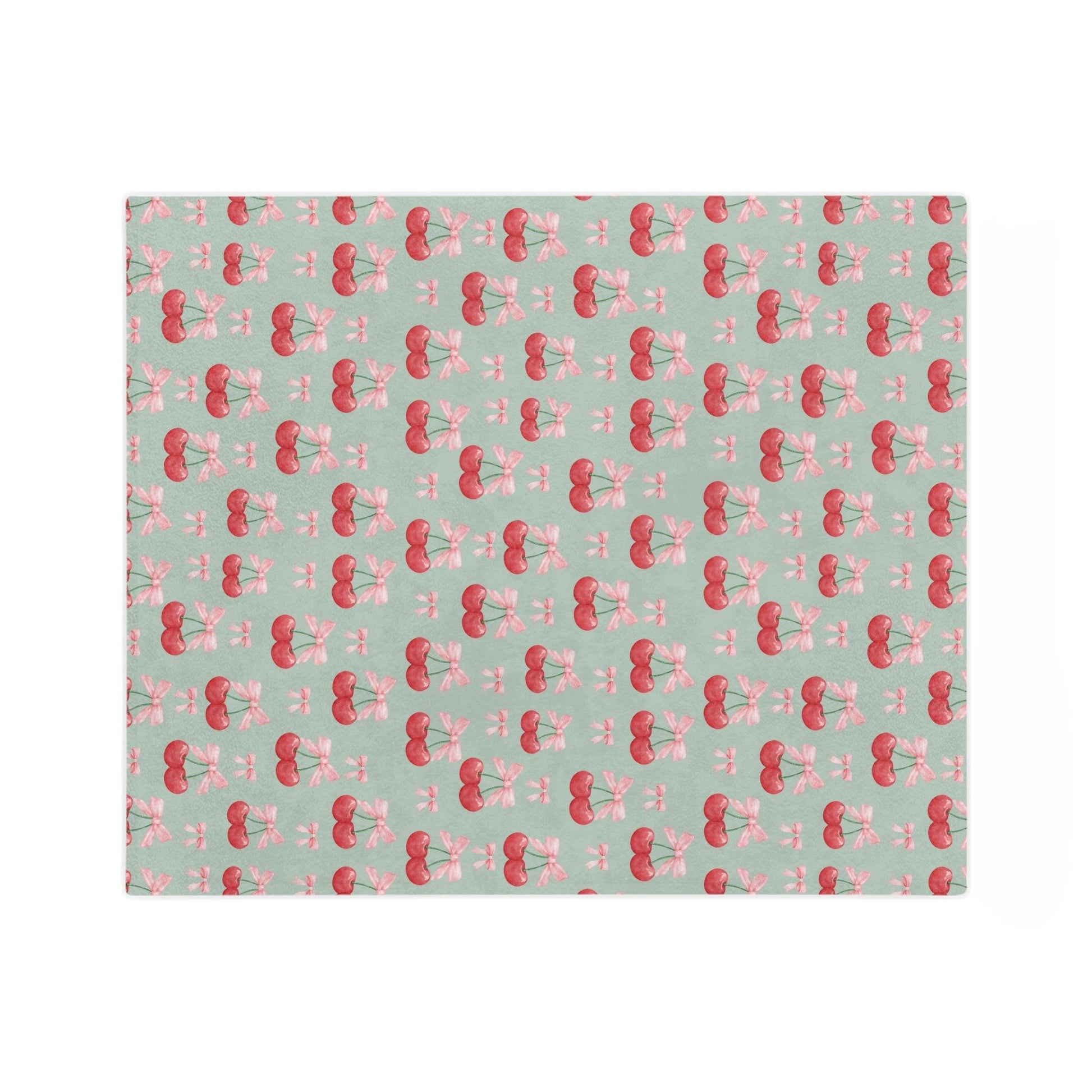 Cherry & Pink Bow Velveteen Throw Ultra-Soft Microfiber Comfort Blanket, Perfect for Snuggling & Decor, Cozy All-Season Warmth, Blanket Luxurious Comfort Meets Enchanting Design Housewarming Gift Throw - MRSBYVALLE