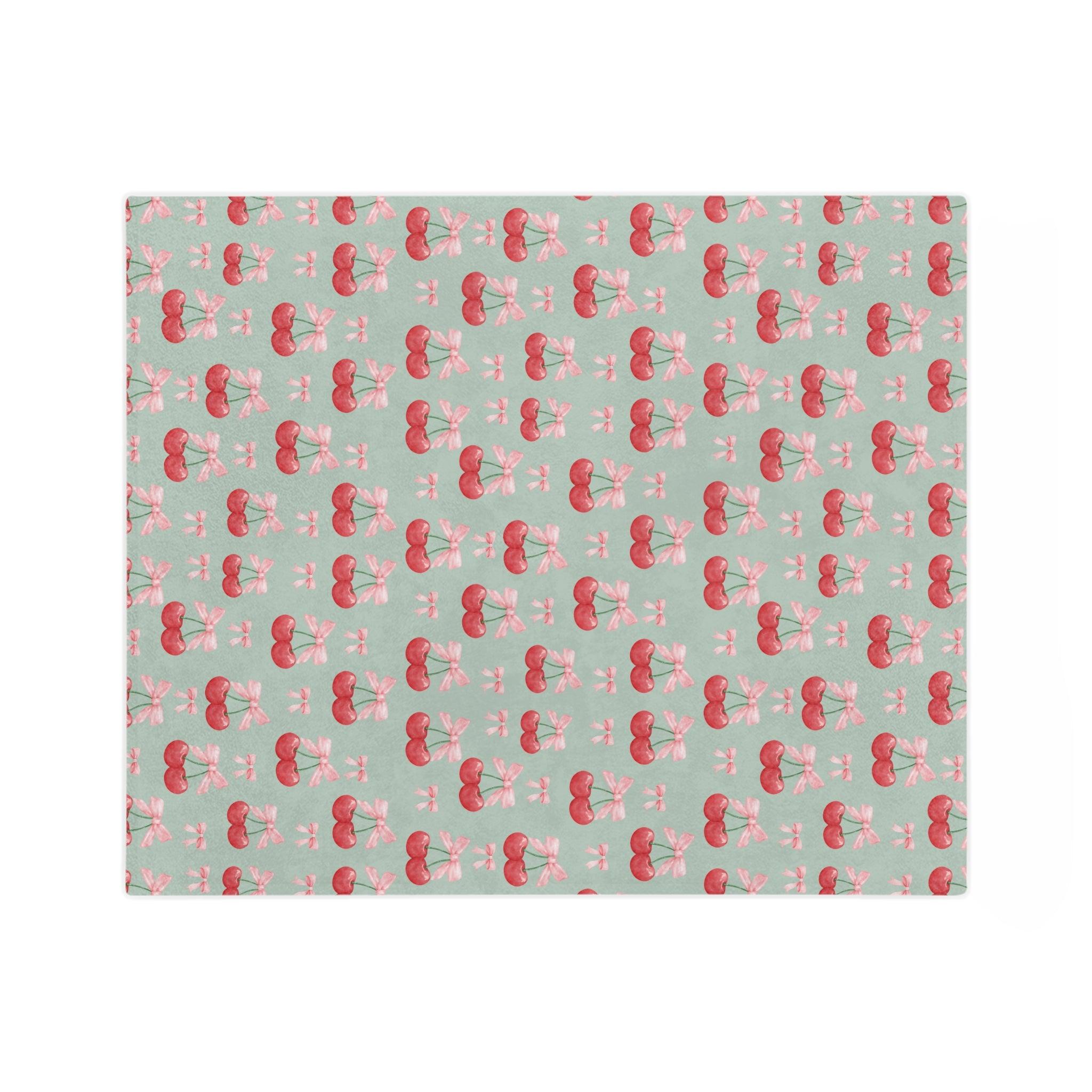 Cherry & Pink Bow Velveteen Throw Ultra-Soft Microfiber Comfort Blanket, Perfect for Snuggling & Decor, Cozy All-Season Warmth, Blanket Luxurious Comfort Meets Enchanting Design Housewarming Gift Throw - MRSBYVALLE