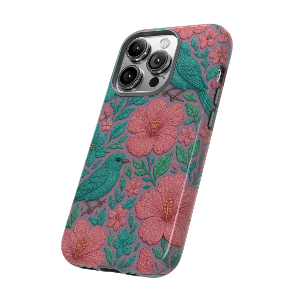 Turquoise, Pink and Lavender 3D Embroidery Illusion Phone Case Tropical Flowers, Birds & Butterflies Cover with Bold, Realistic Floral Texture iPhone, Samsung