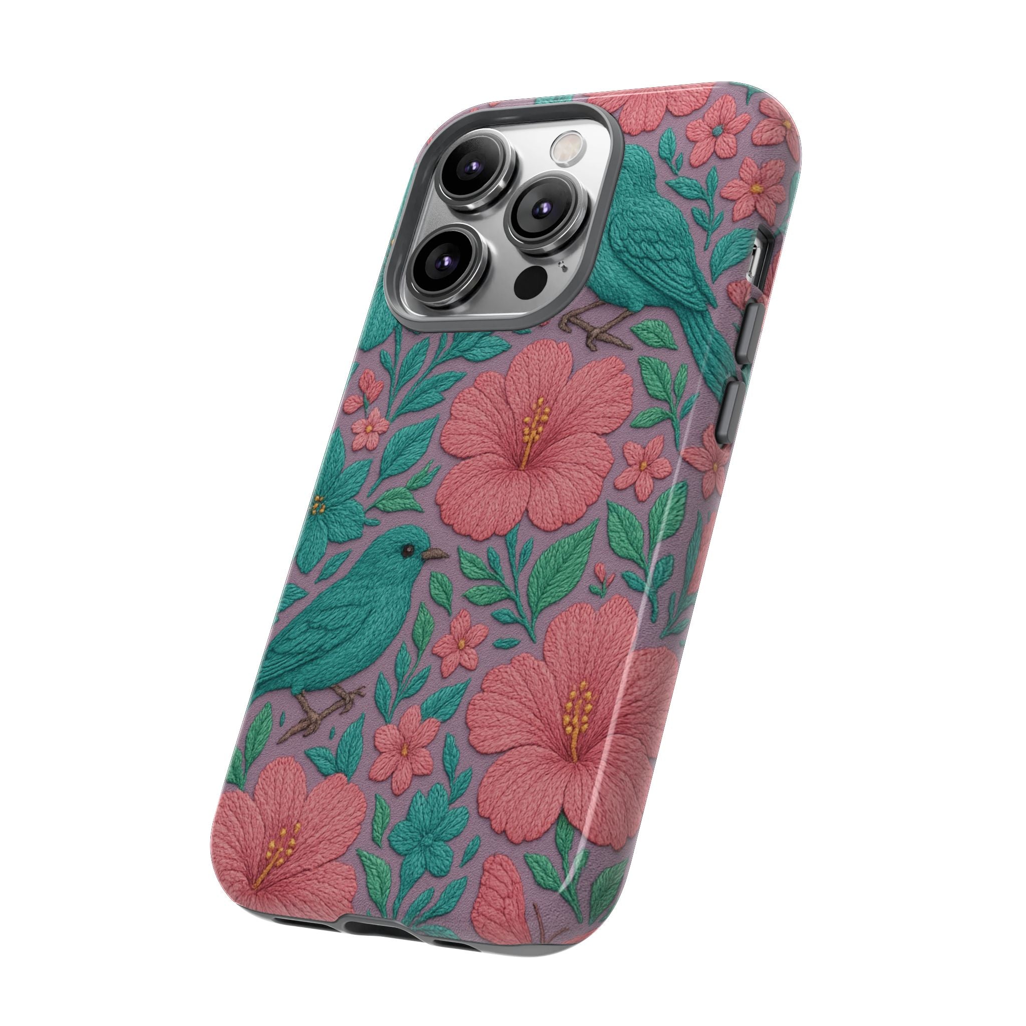 Turquoise, Pink and Lavender 3D Embroidery Illusion Phone Case Tropical Flowers, Birds & Butterflies Cover with Bold, Realistic Floral Texture iPhone, Samsung