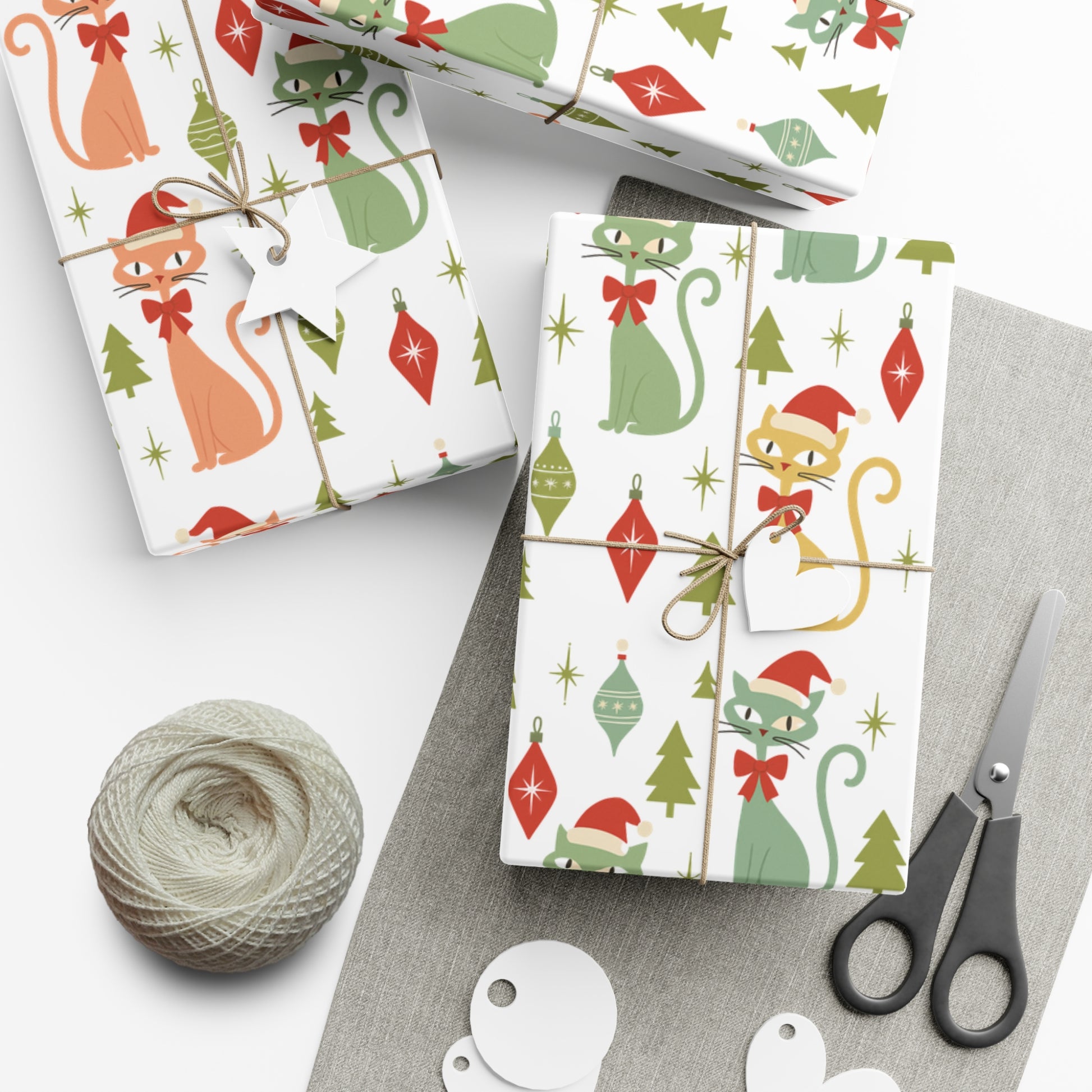Christmas Atomic Cat Wrapping Paper, Retro Gift Wrap, Pastel Mid-Century Kitty Design, Vintage Holiday 30x20, 30x72, 30x144 Perfect for all Occasion
