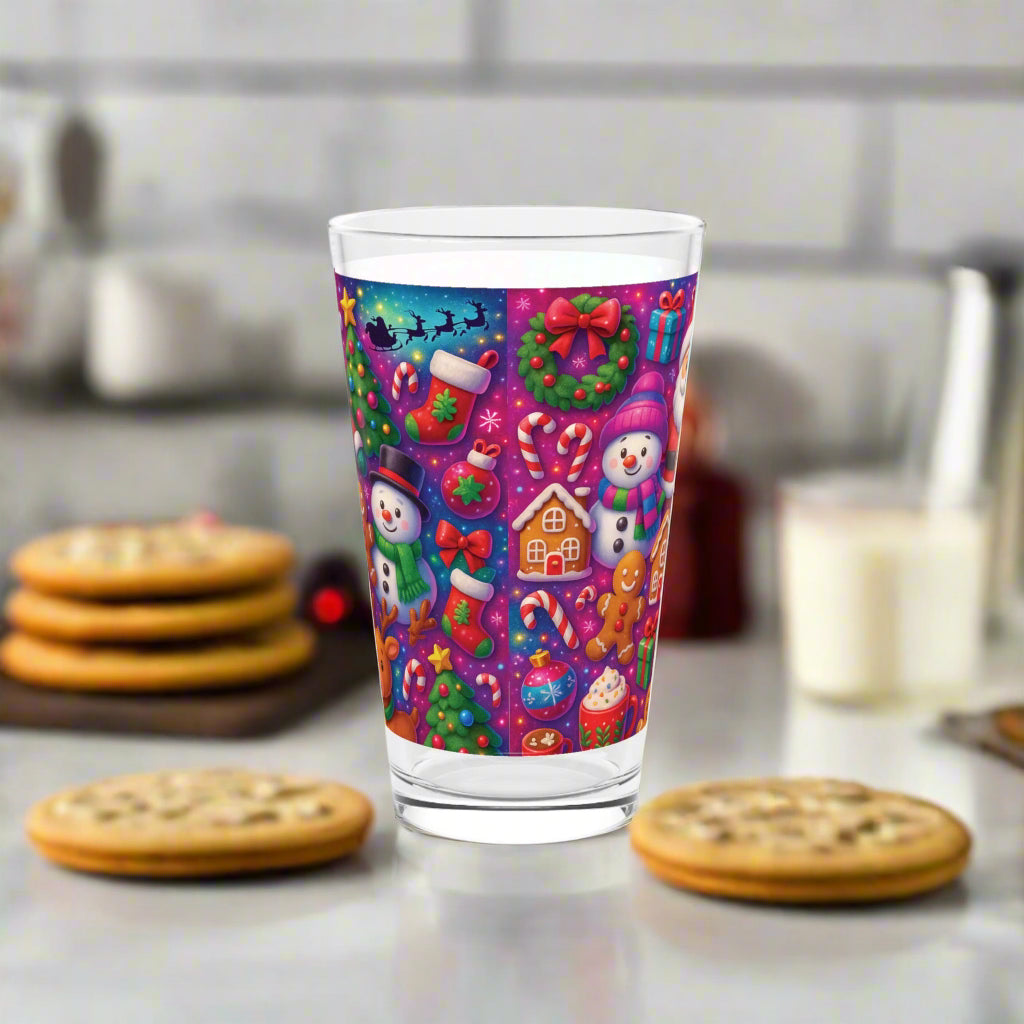 Glass with a colorful Christmas-themed design on a white background