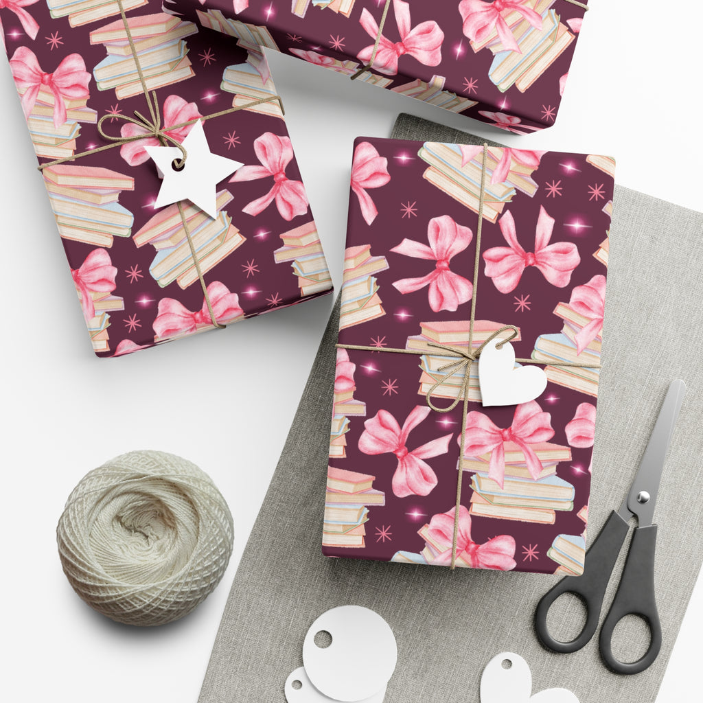 Coquette Pink Bows Books Plum Wrapping Paper Festive Holiday Gift Wrap with Perfect for Christmas Presents, Crafting, & Holiday Decor – Premium Quality - MRSBYVALLE